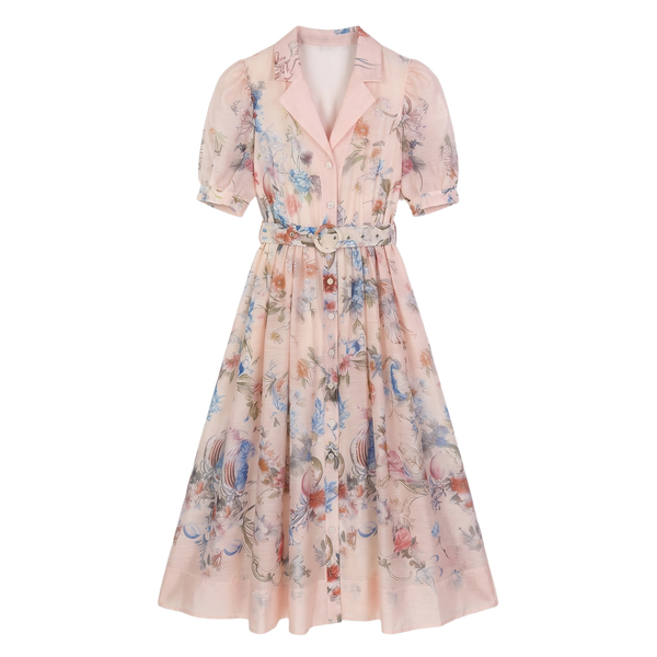 9636 Vestido Vintage con Estampado Floral Artístico y Cinturón Ajustable  Manga Globo Gasa Ligera