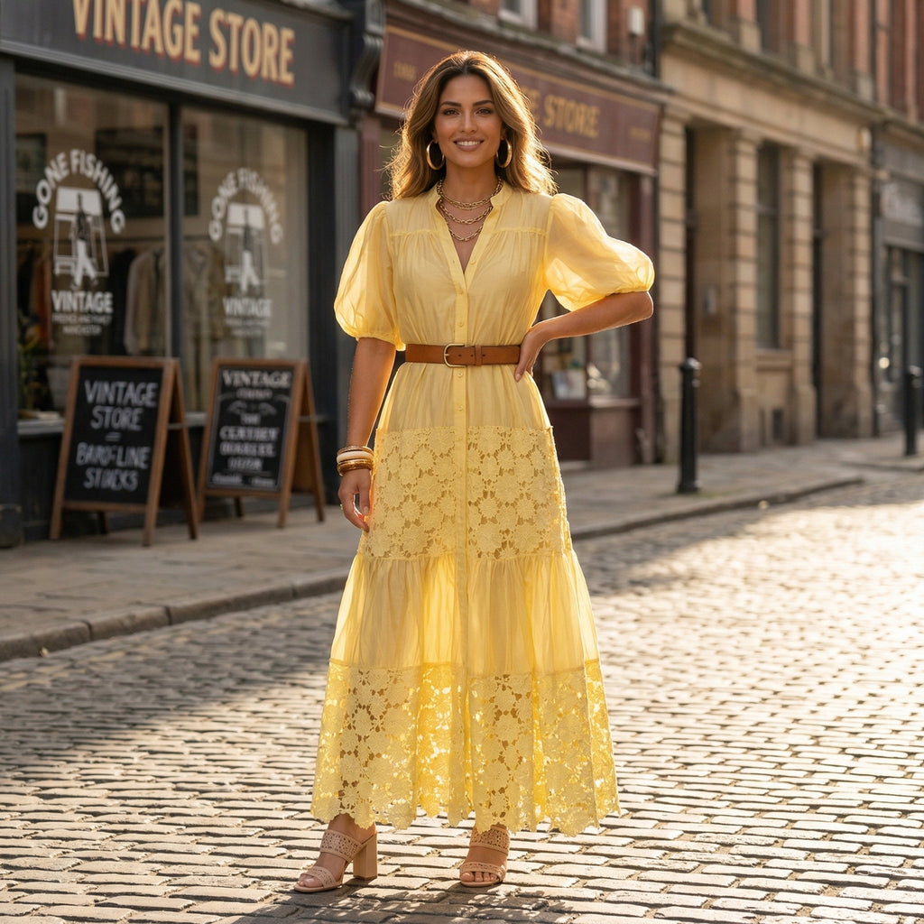 9573 Vestido Amarillo con Encaje Floral y Capas  Manga Globo Corte A-Line ¡Muy Dulce