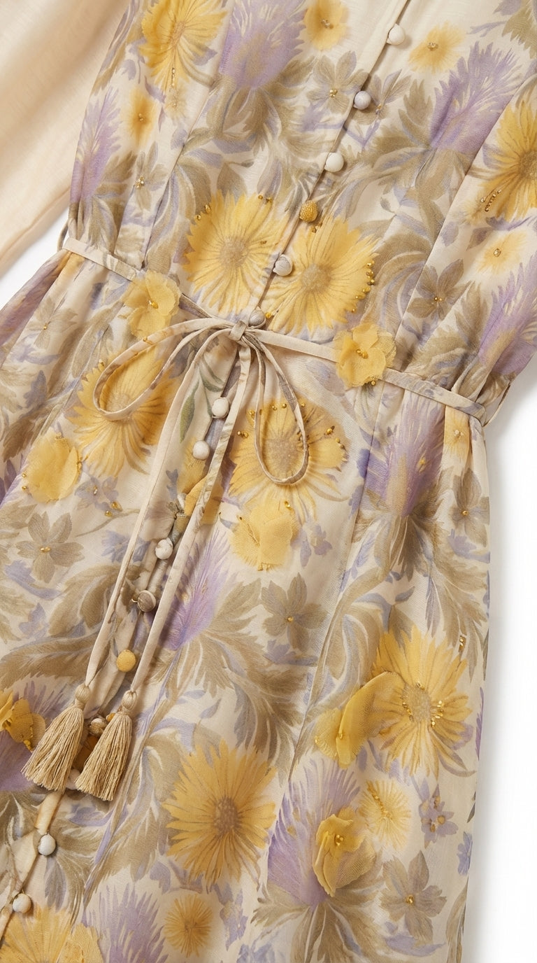 9661 Vestido Amarillo con Flores 3D en Lilas  Manga Larga Cinturón Lazada ¡Romántico y Único!