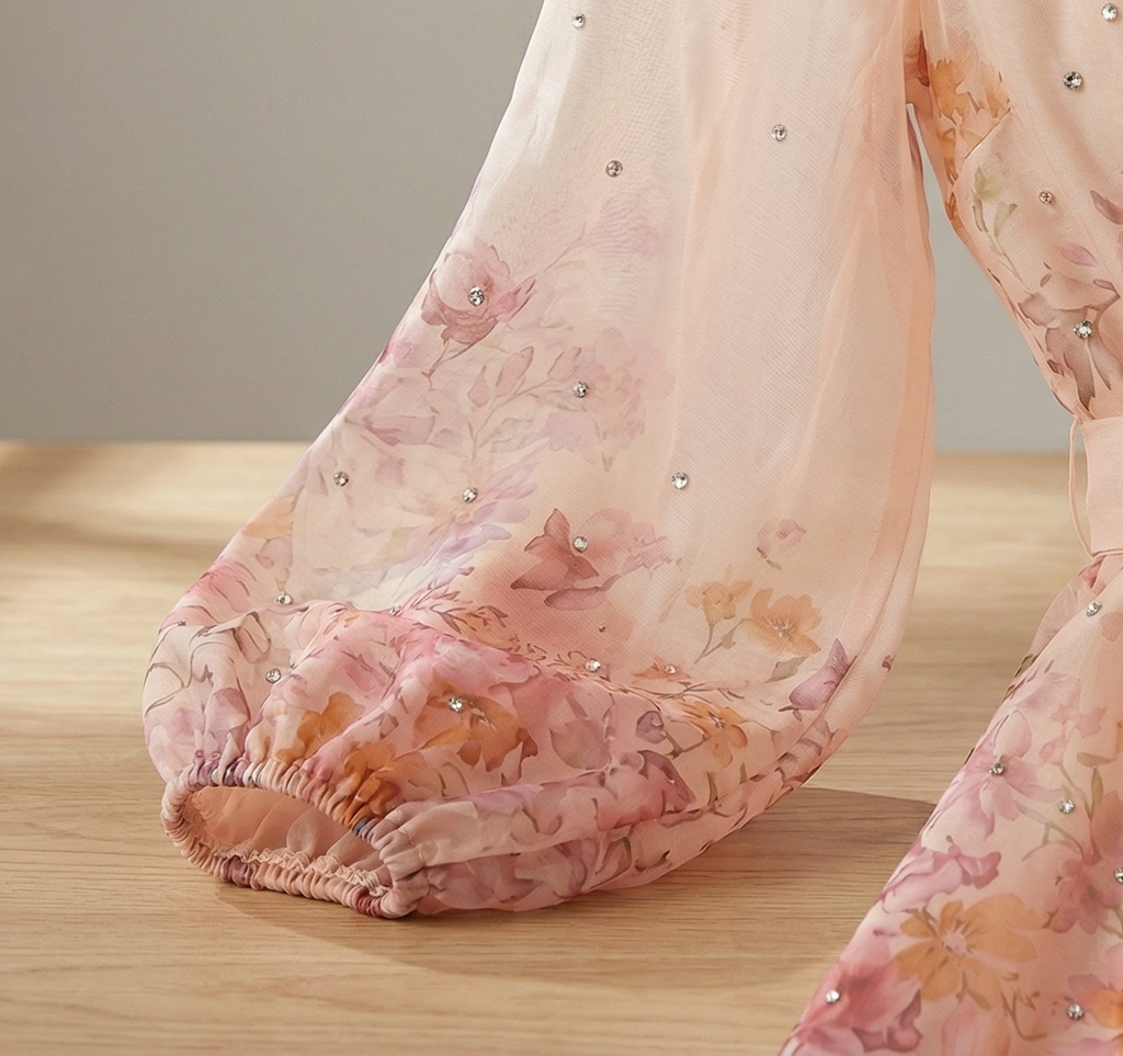 2968 Vestido Rosa Pálido con Pedrería y Flores Impresas – Elegancia Dulce y Femenina