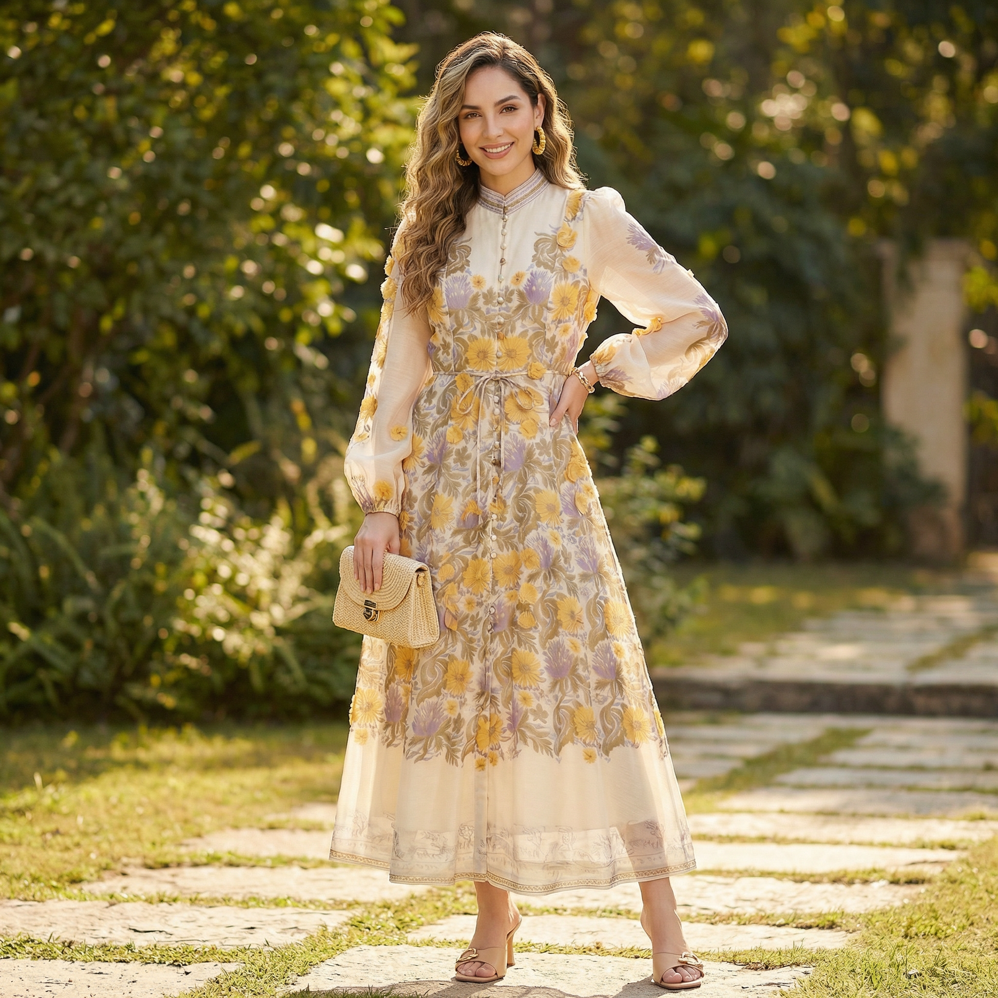 9661 Vestido Amarillo con Flores 3D en Lilas  Manga Larga Cinturón Lazada ¡Romántico y Único!