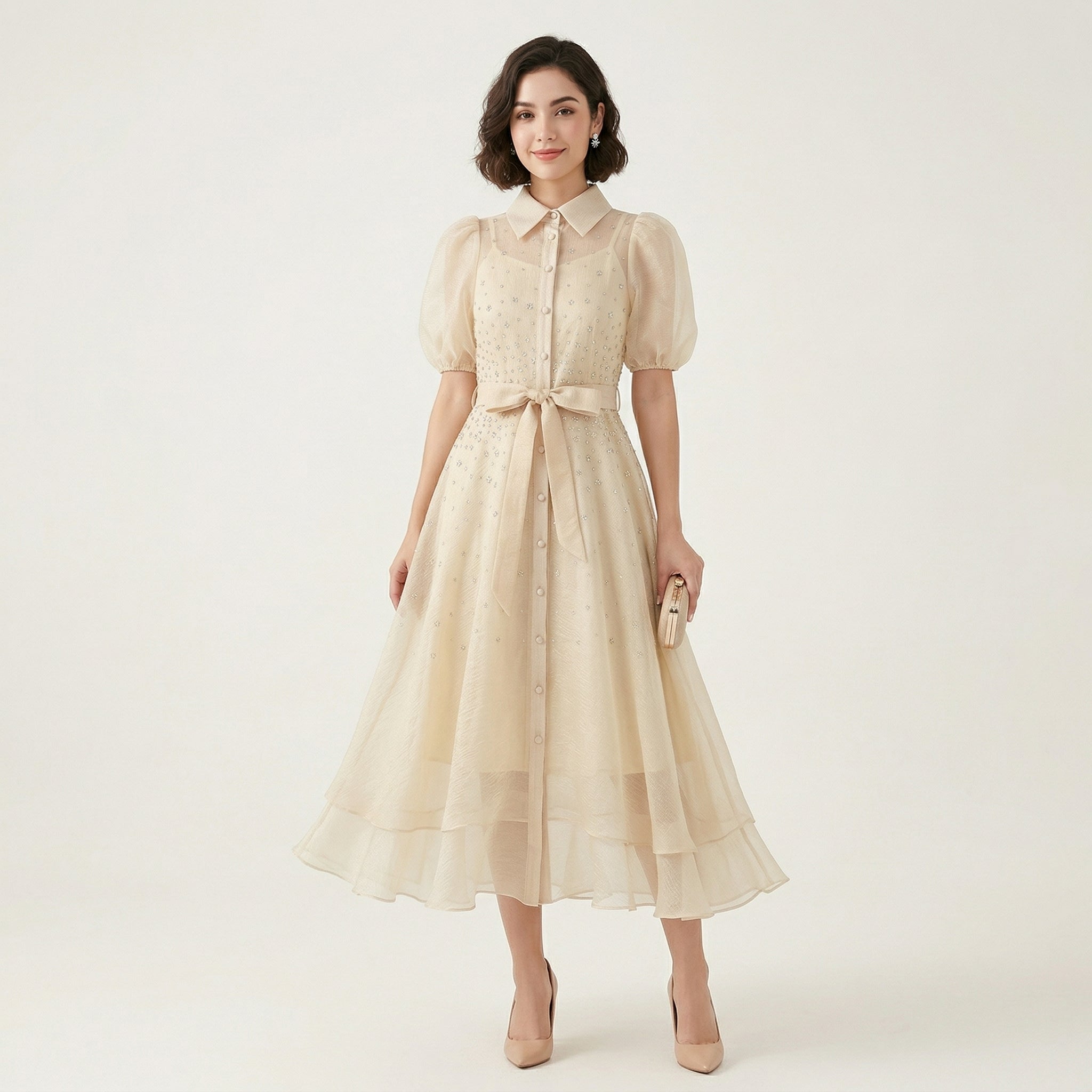 9532 Dos Colores Vestido con Cristales Perdería y Cuello Sacó Cinturón con Hebilla Tendencia para Mujer