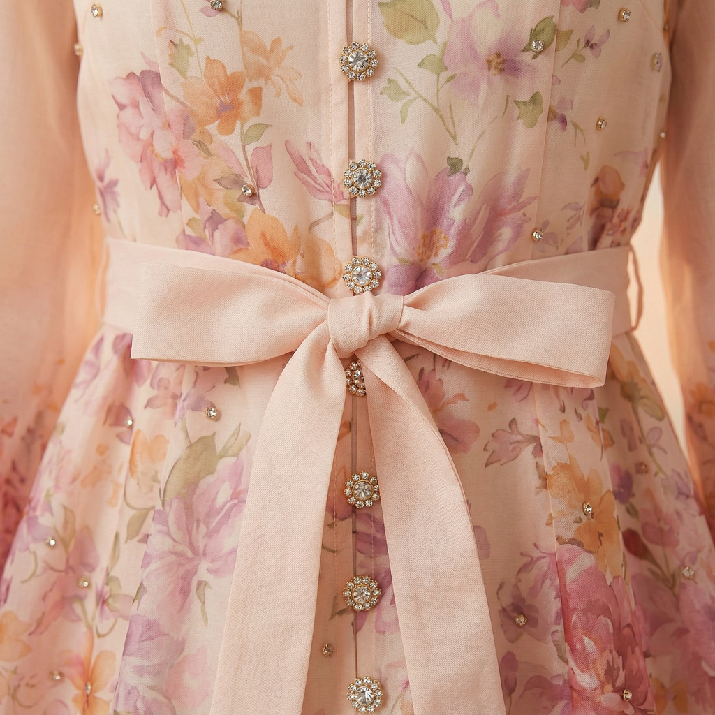 2968 Vestido Rosa Pálido con Pedrería y Flores Impresas – Elegancia Dulce y Femenina