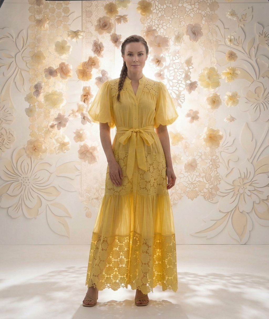 9573 Vestido Amarillo con Encaje Floral y Capas  Manga Globo Corte A-Line ¡Muy Dulce