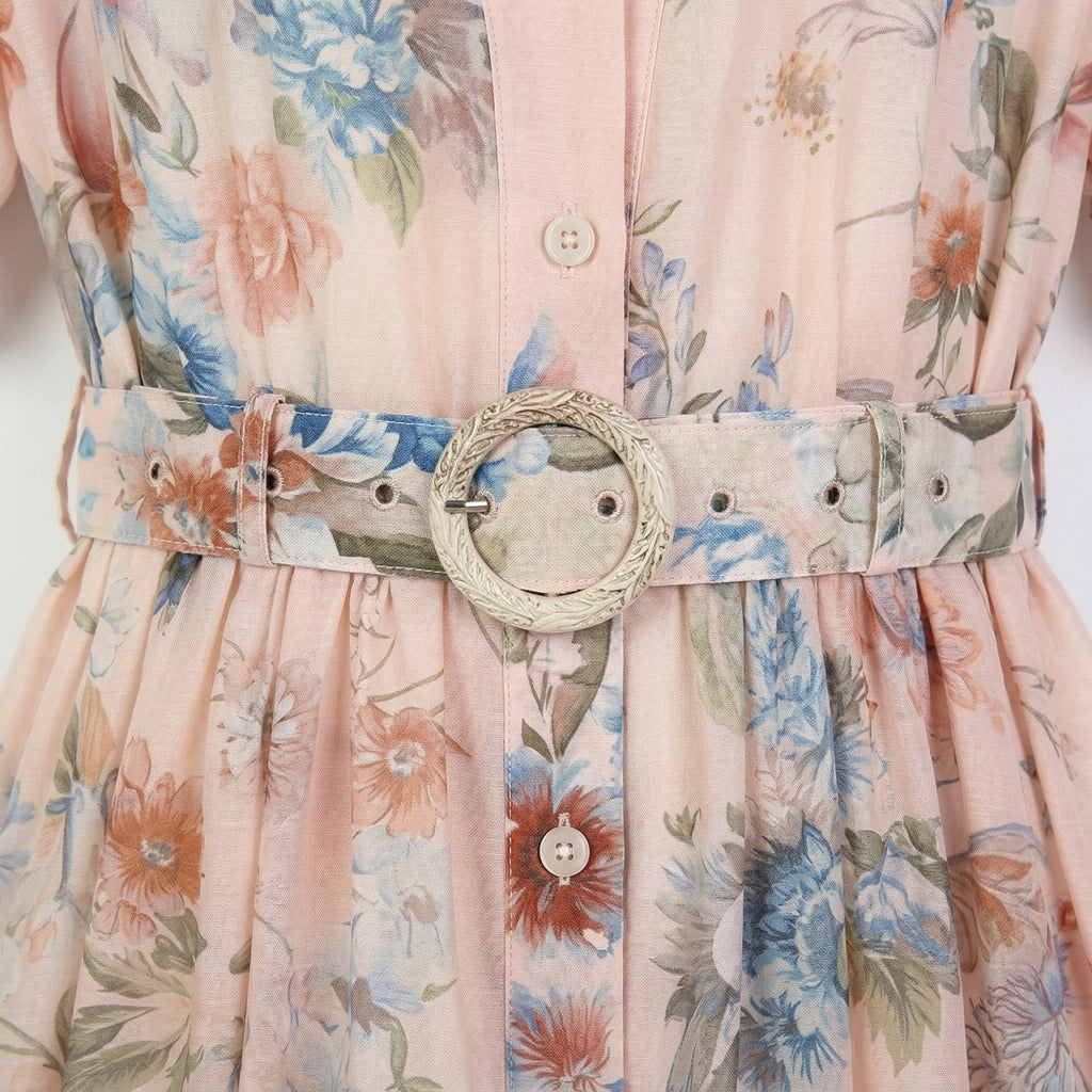 9636 Vestido Vintage con Estampado Floral Artístico y Cinturón Ajustable  Manga Globo Gasa Ligera