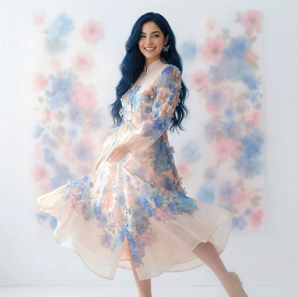 9661 Vestido con Estampado Acuarela en Azul y Rosa, Hojas en 3D – Cuello Mao, Elegancia Boho Chic