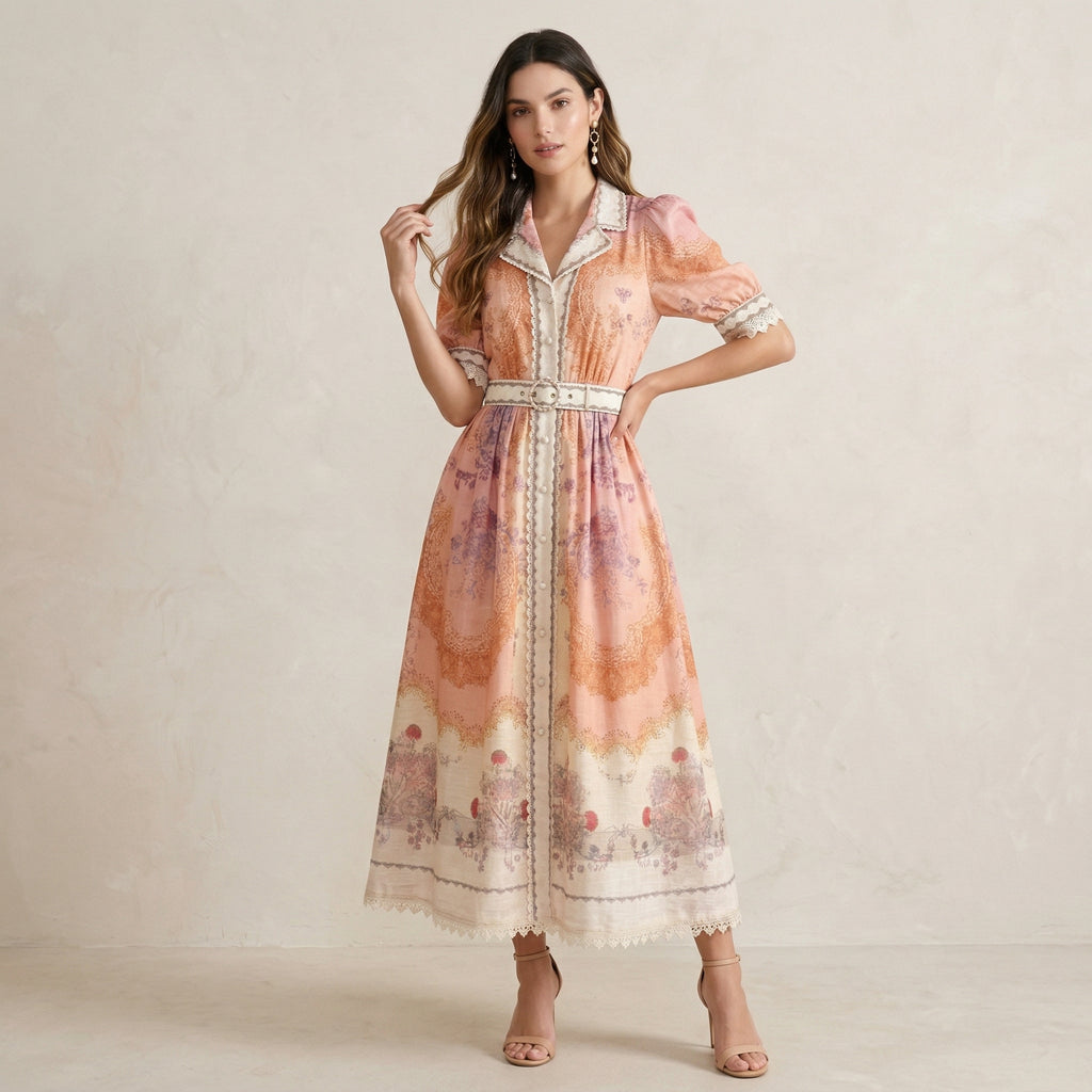 9588 Vestido con Estampado Barroco y Cuello Picado Cinturón Blanco Look Boho Chic | Rosa · Azul