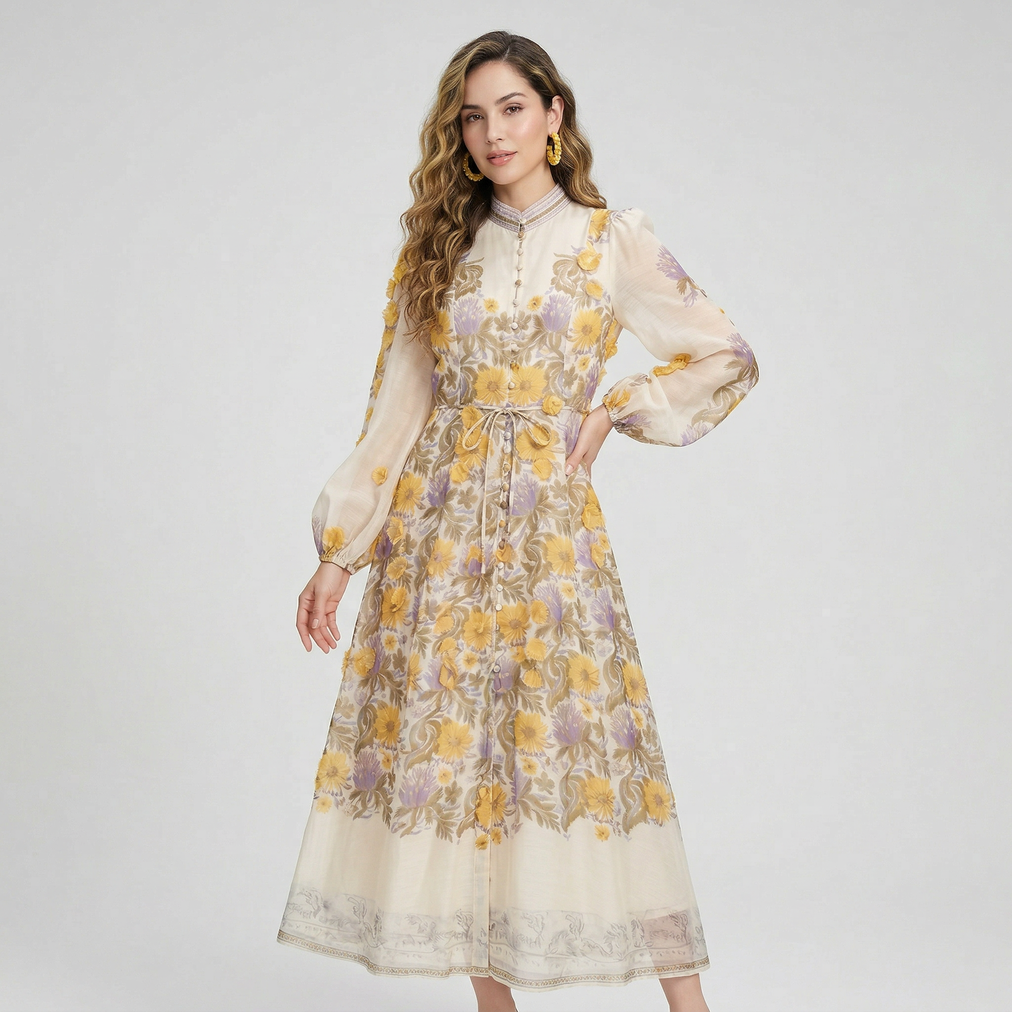9661 Vestido Amarillo con Flores 3D en Lilas  Manga Larga Cinturón Lazada ¡Romántico y Único!