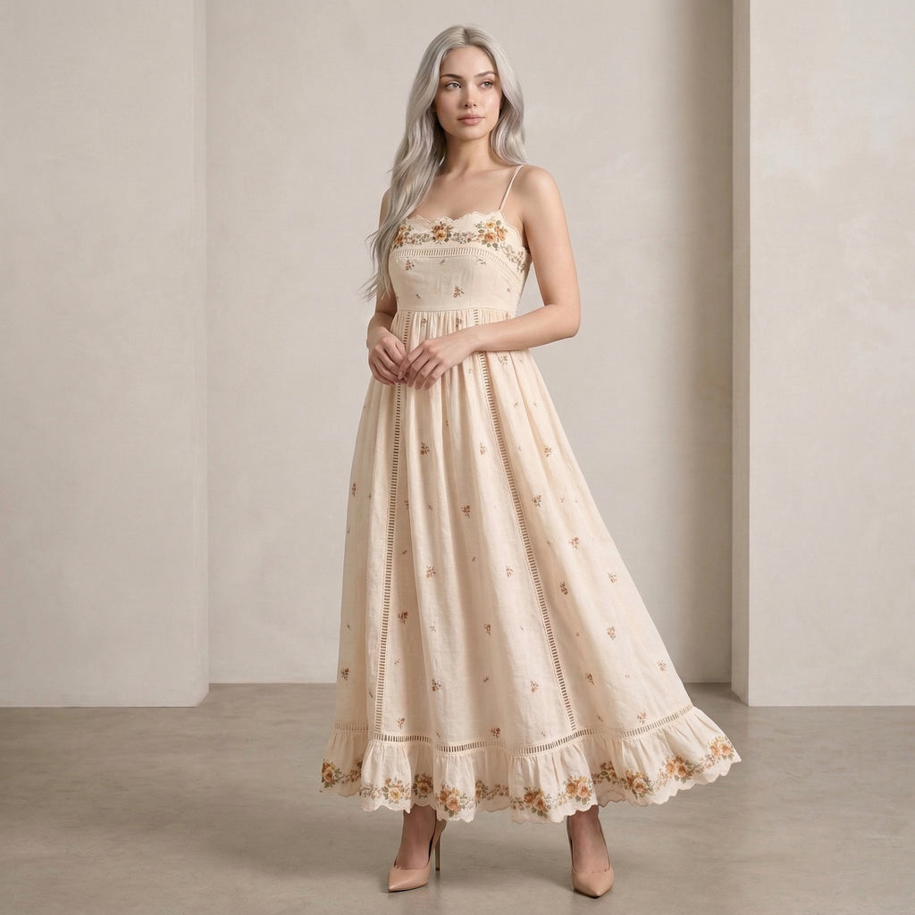 9563 Vestido Largo sin Mangas con Impreso Floral y Volantes – Ideal para Bodas y Verano ️