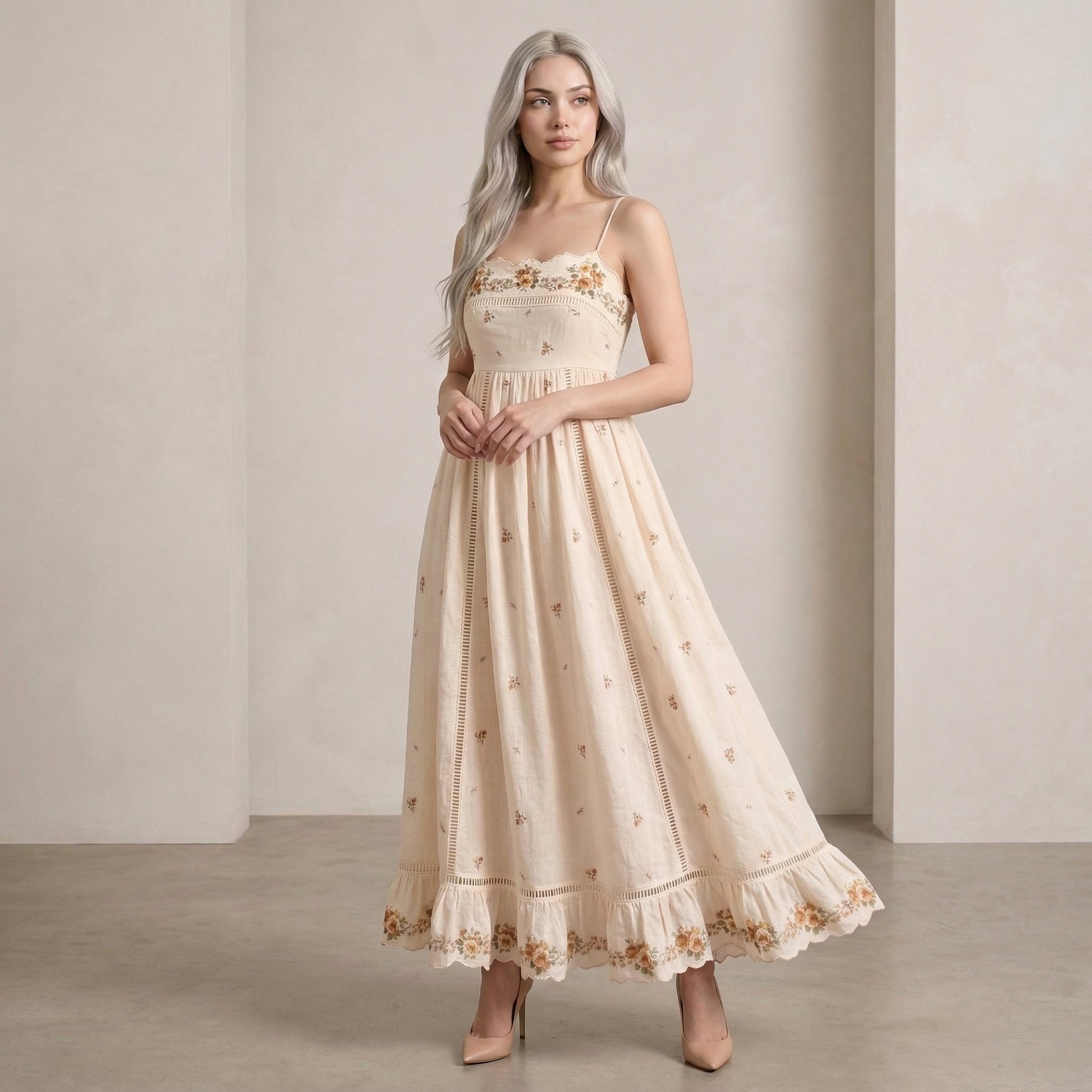 9563 Vestido Largo sin Mangas con Impreso Floral y Volantes – Ideal para Bodas y Verano ️