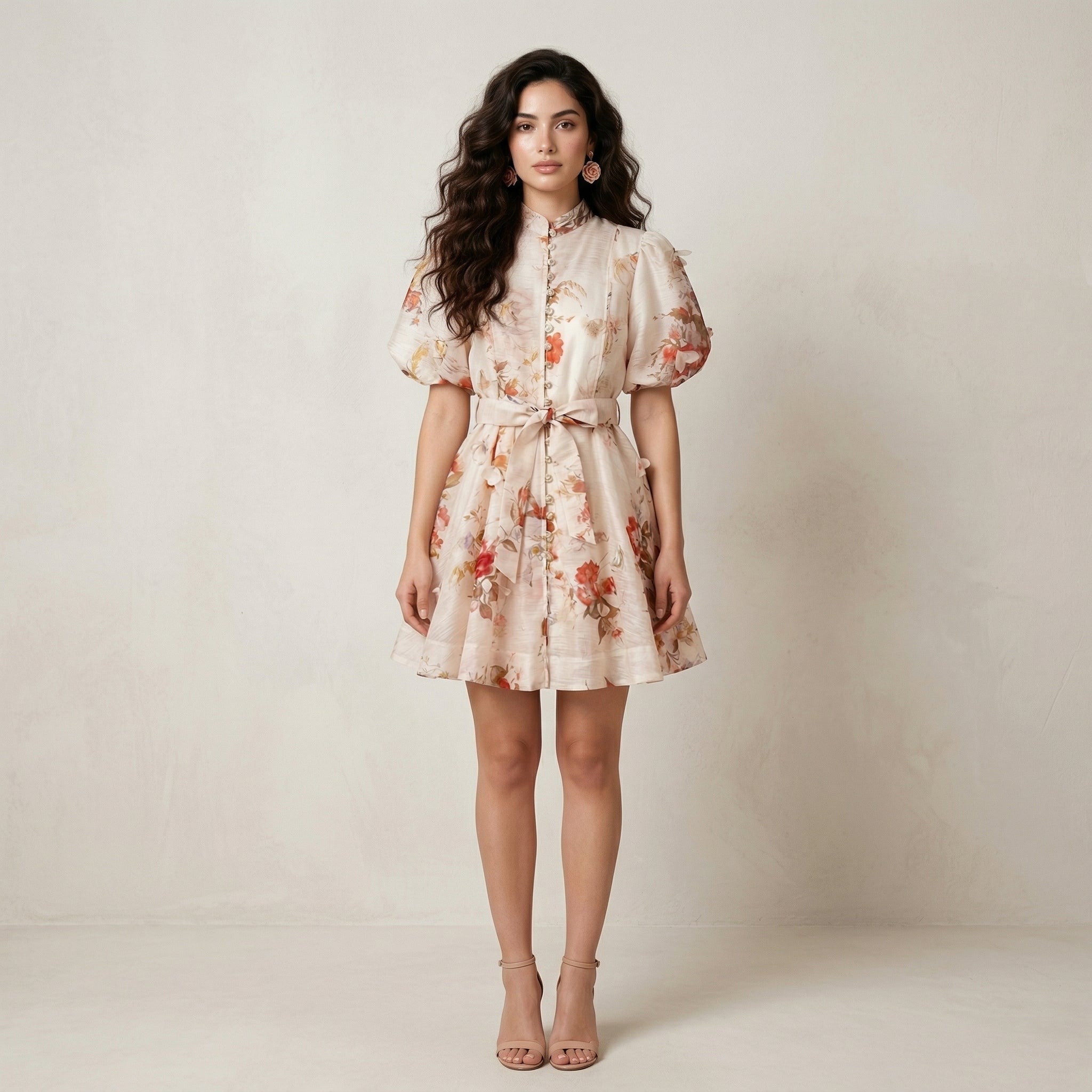 9555 Vestido Floral Vintage con Manga Globo y Cinturón – Gasa Ligera, Estilo Romántico Sirena