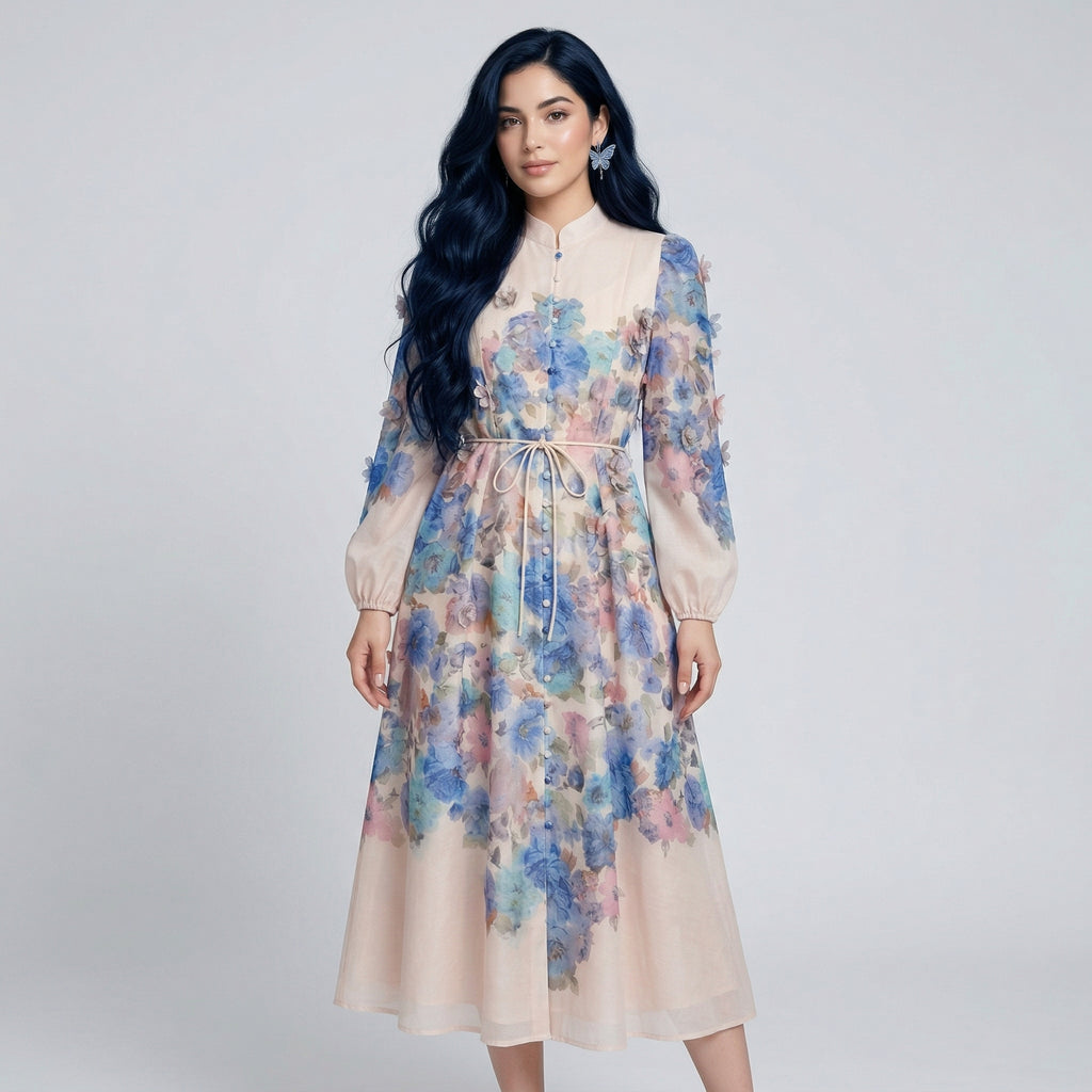 9661 Vestido con Estampado Acuarela en Azul y Rosa, Hojas en 3D – Cuello Mao, Elegancia Boho Chic