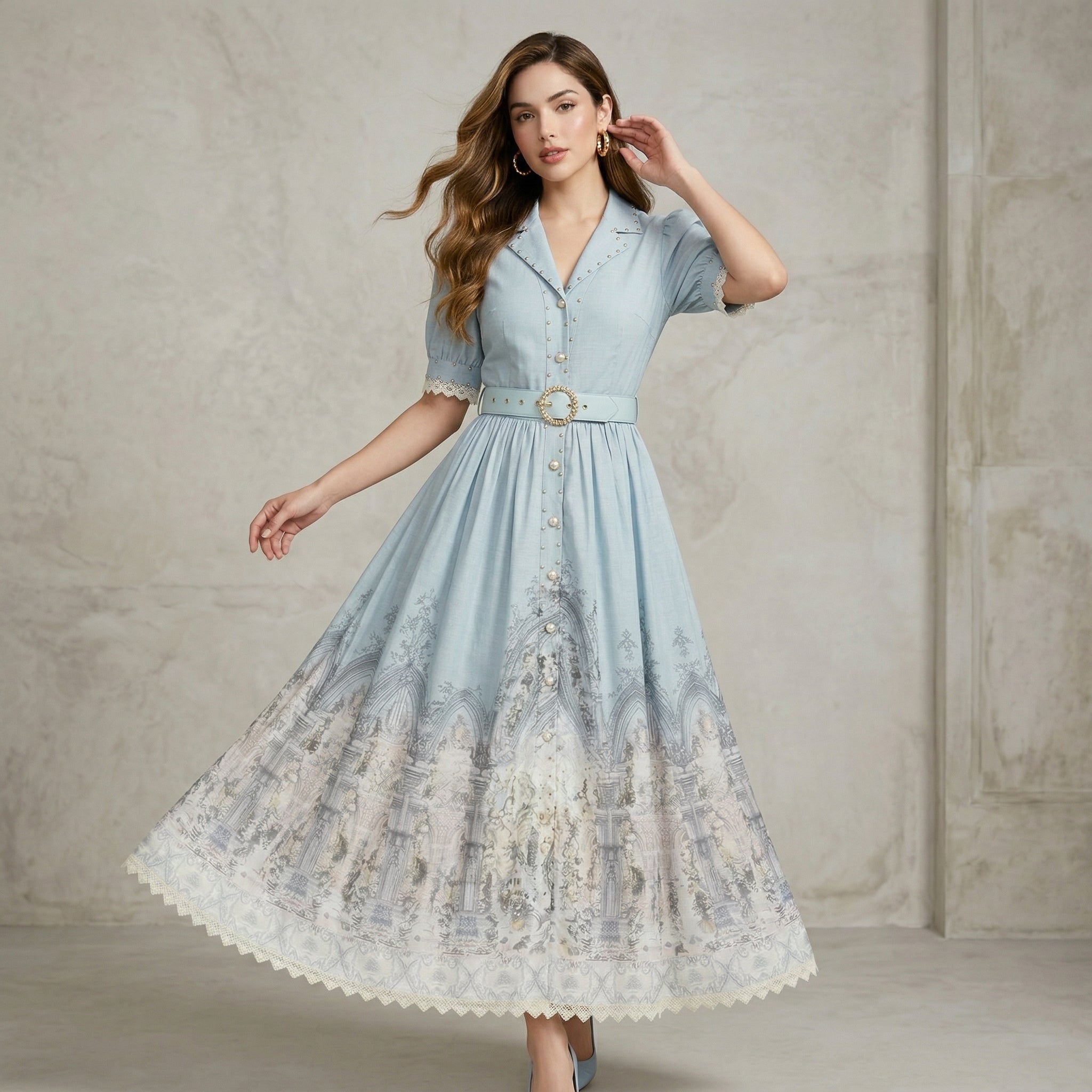 9588 Vestido con Estampado Barroco y Cuello Picado Cinturón Blanco Look Boho Chic | Rosa · Azul