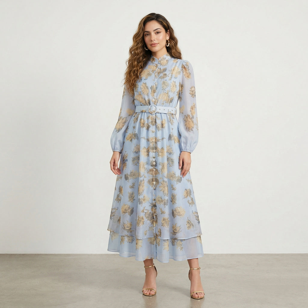 9630 Vestido Azul Celeste con Flores Doradas y Cinturón Manga Larga Transparencia Suave
