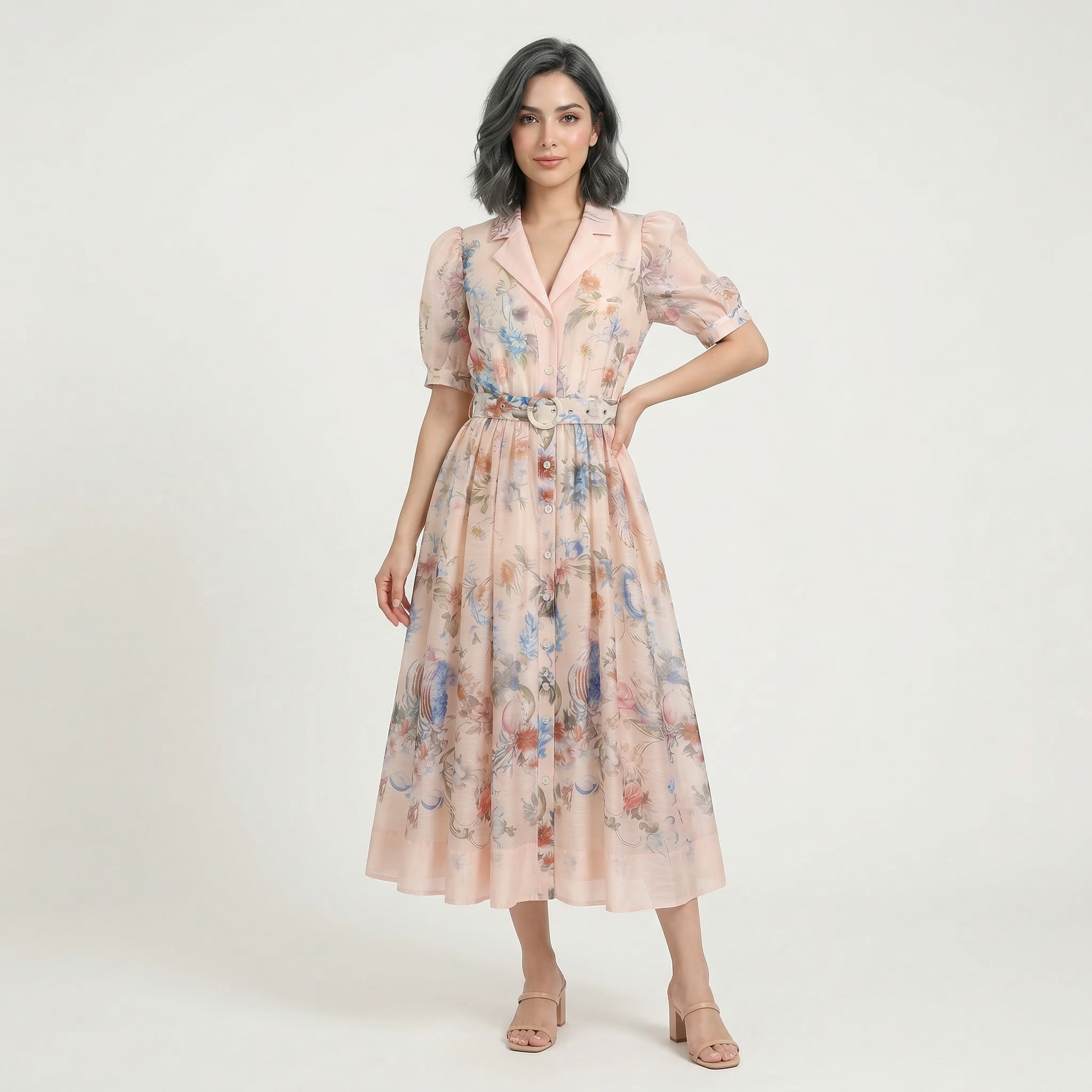 9636 Vestido Vintage con Estampado Floral Artístico y Cinturón Ajustable  Manga Globo Gasa Ligera