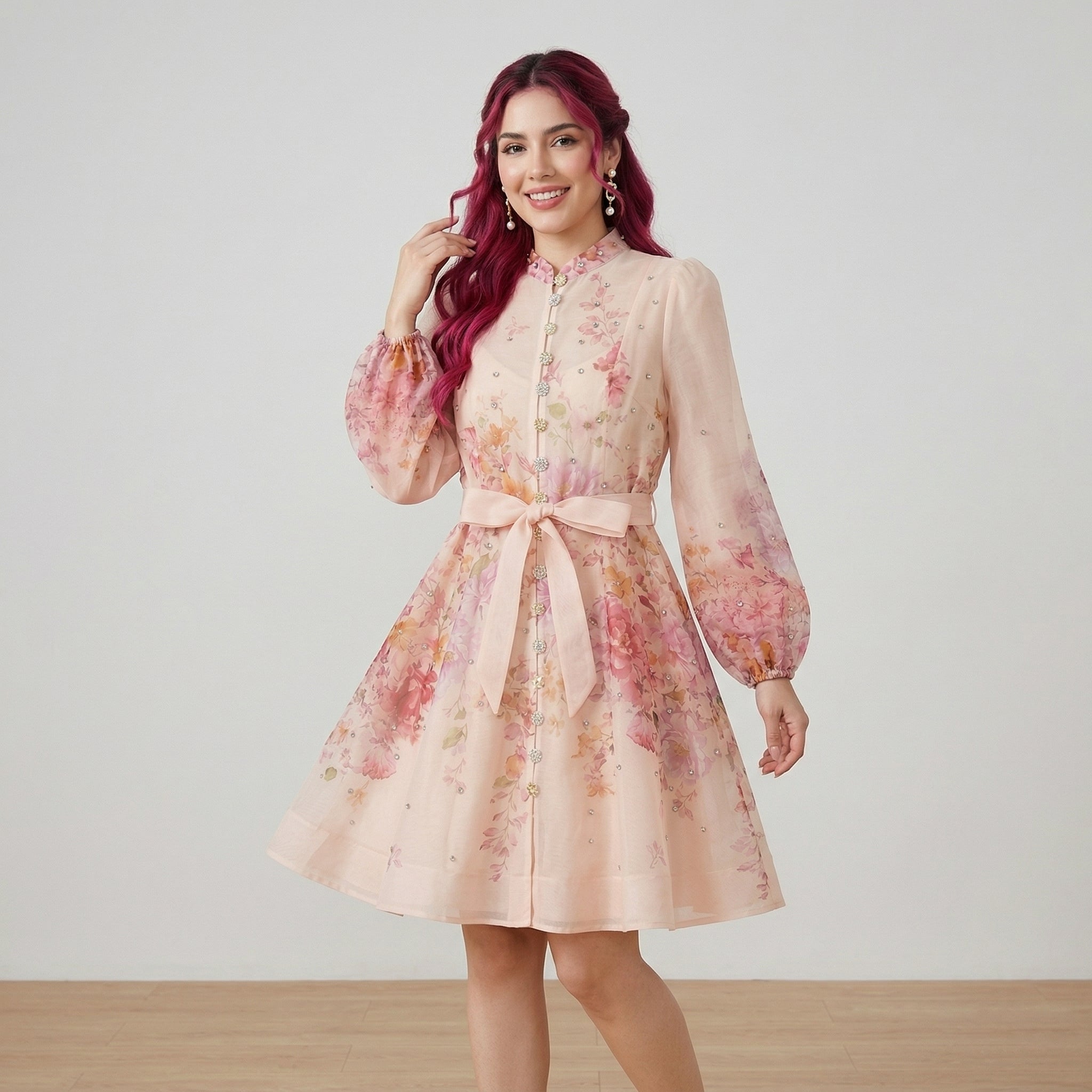 2968 Vestido Rosa Pálido con Pedrería y Flores Impresas – Elegancia Dulce y Femenina