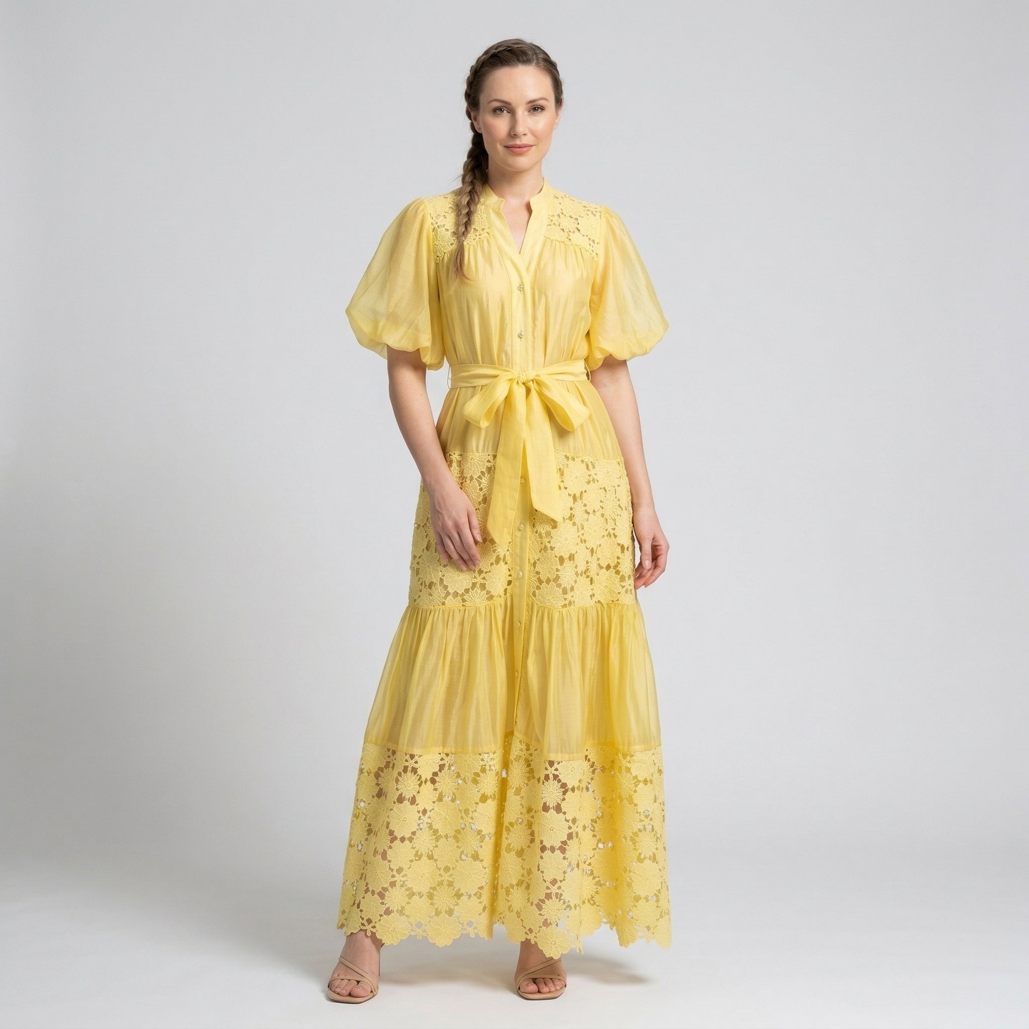 9573 Vestido Amarillo con Encaje Floral y Capas  Manga Globo Corte A-Line ¡Muy Dulce