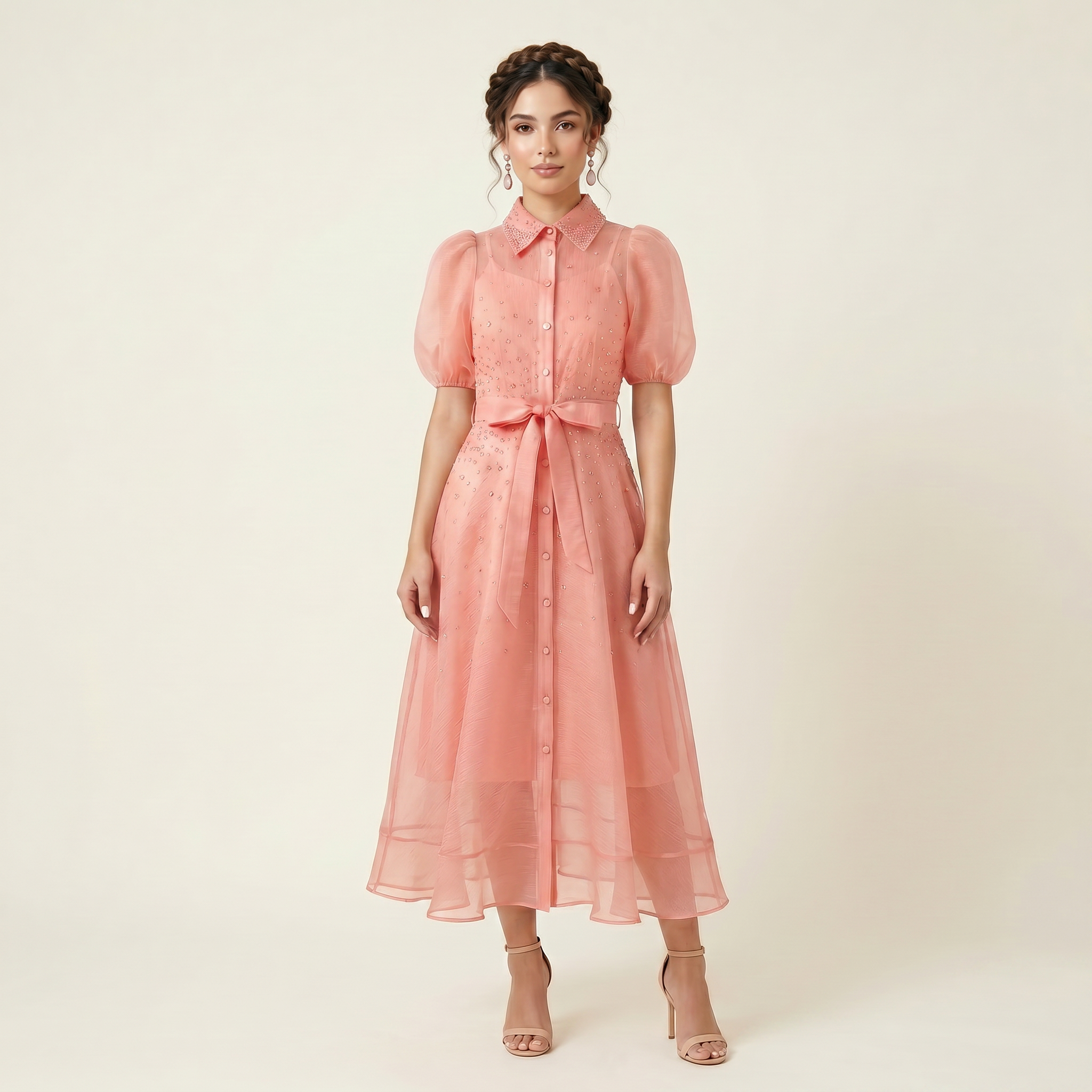 9532 Dos Colores Vestido con Cristales Perdería y Cuello Sacó Cinturón con Hebilla Tendencia para Mujer
