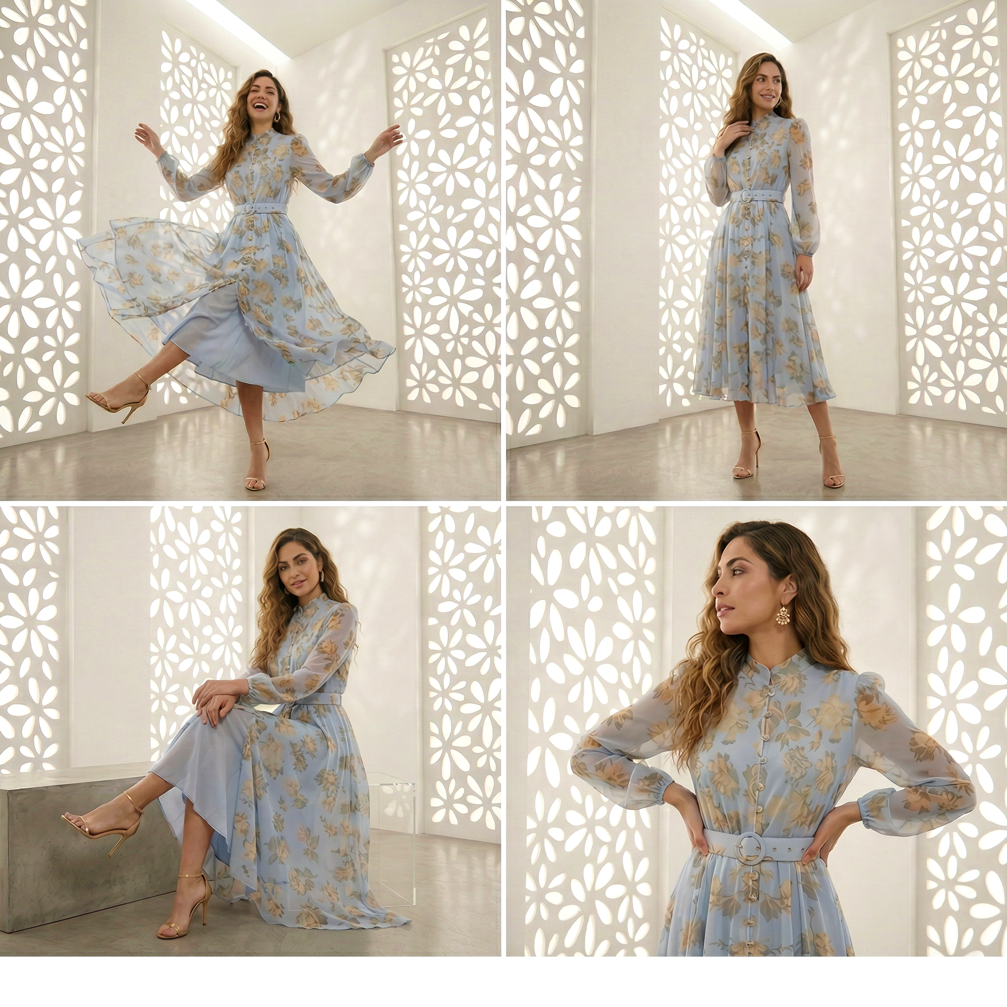 9630 Vestido Azul Celeste con Flores Doradas y Cinturón Manga Larga Transparencia Suave