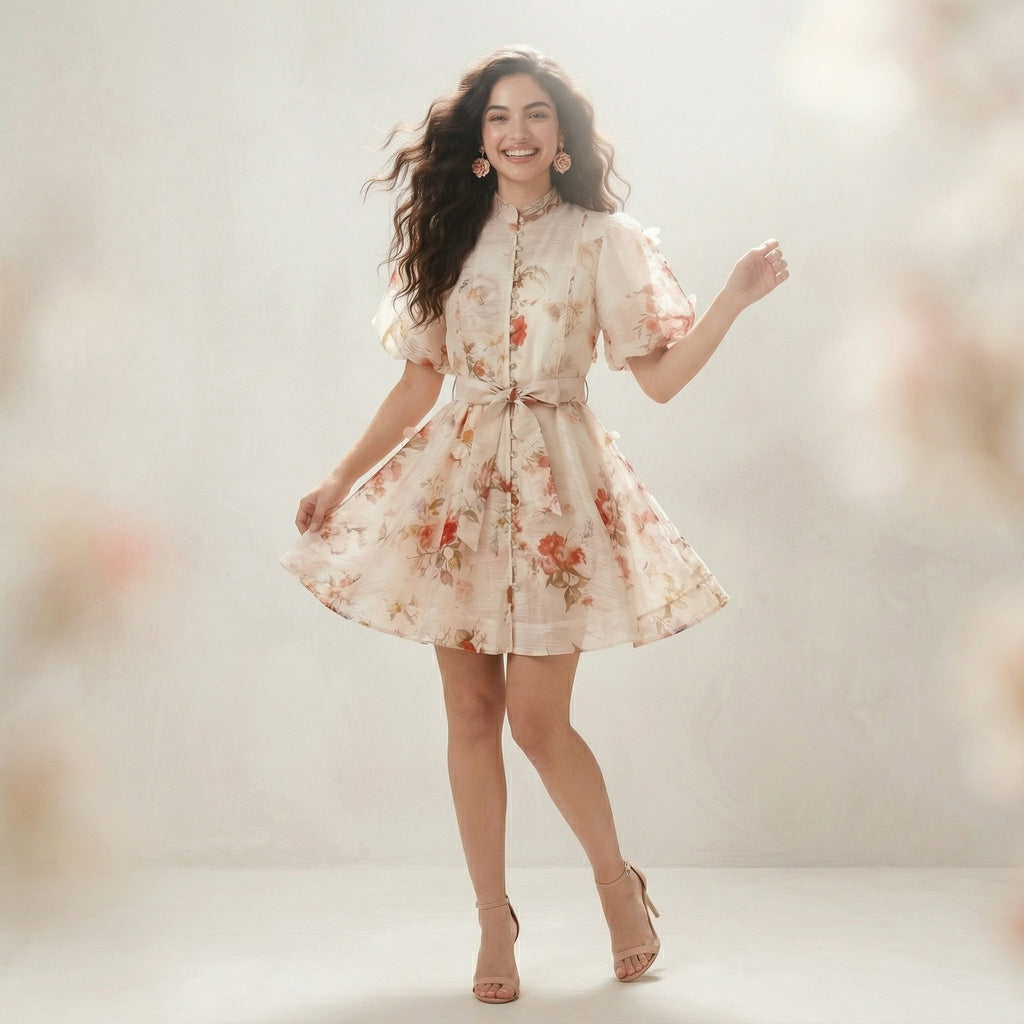 9555 Vestido Floral Vintage con Manga Globo y Cinturón – Gasa Ligera, Estilo Romántico Sirena