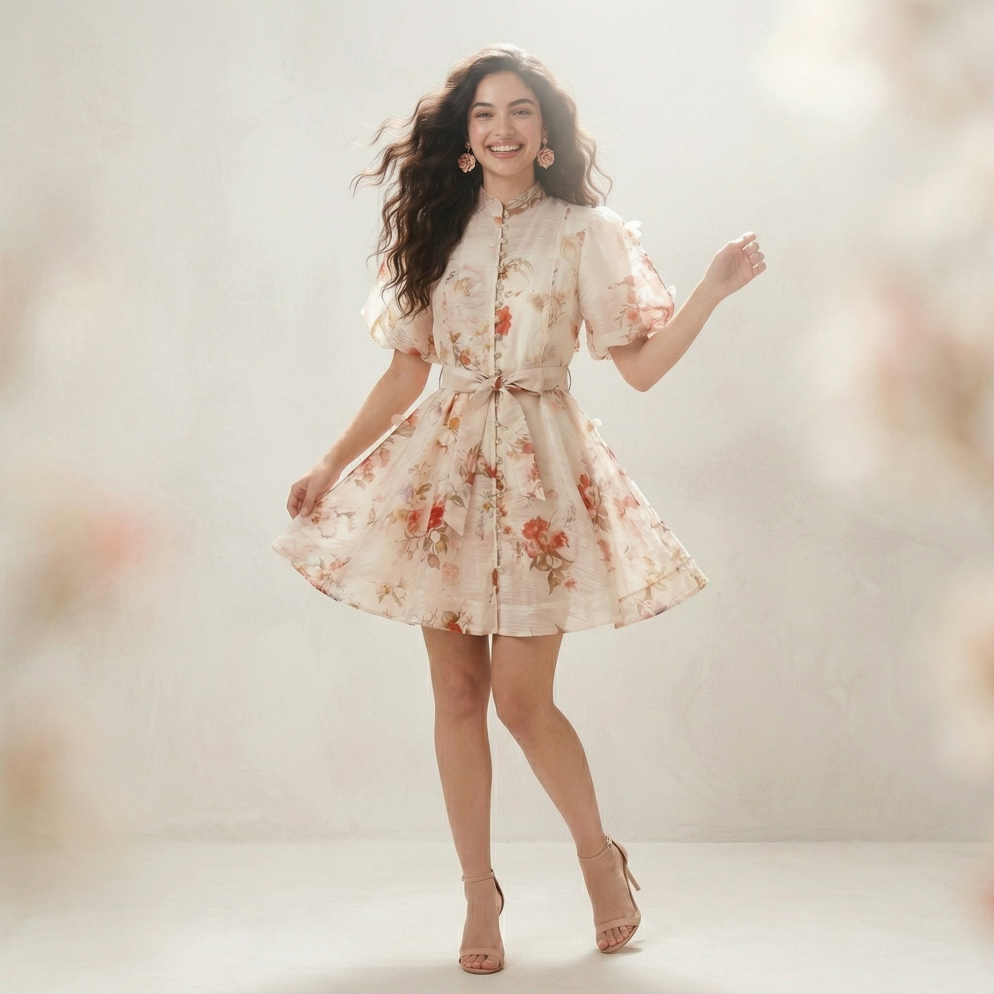 9555 Vestido Floral Vintage con Manga Globo y Cinturón – Gasa Ligera, Estilo Romántico Sirena