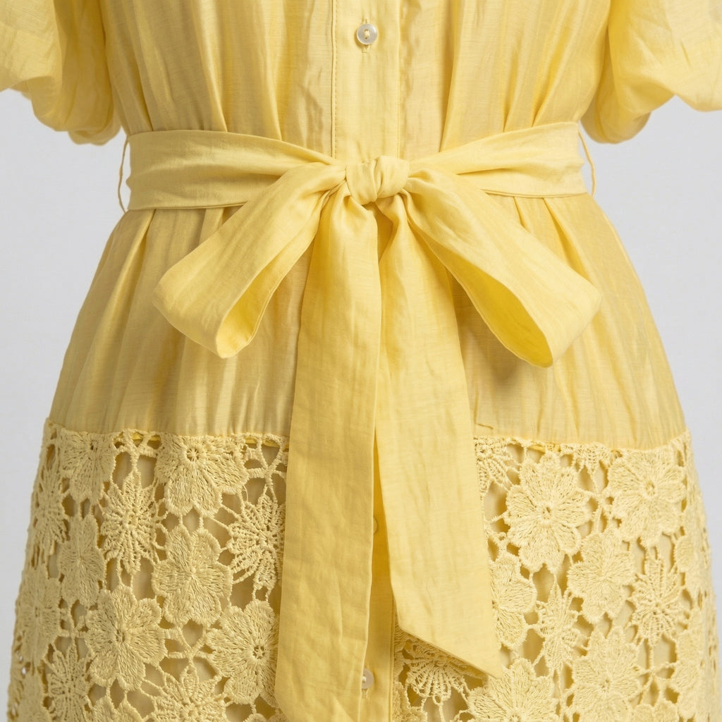 9573 Vestido Amarillo con Encaje Floral y Capas  Manga Globo Corte A-Line ¡Muy Dulce