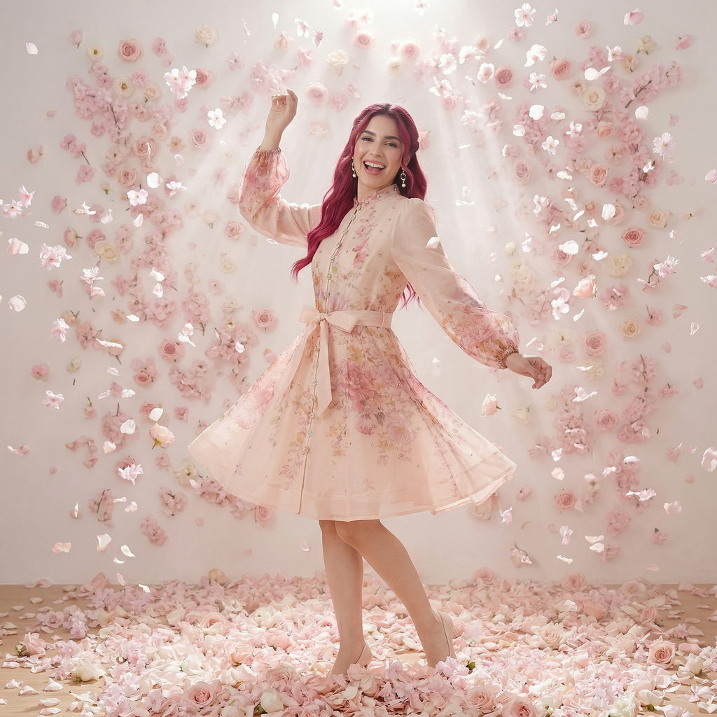 2968 Vestido Rosa Pálido con Pedrería y Flores Impresas – Elegancia Dulce y Femenina