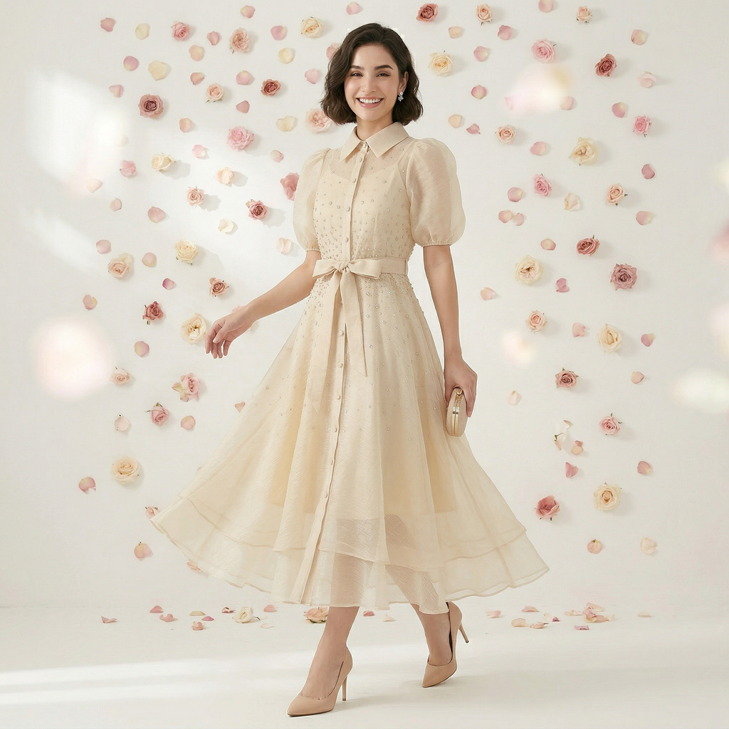 9532 Dos Colores Vestido con Cristales Perdería y Cuello Sacó Cinturón con Hebilla Tendencia para Mujer