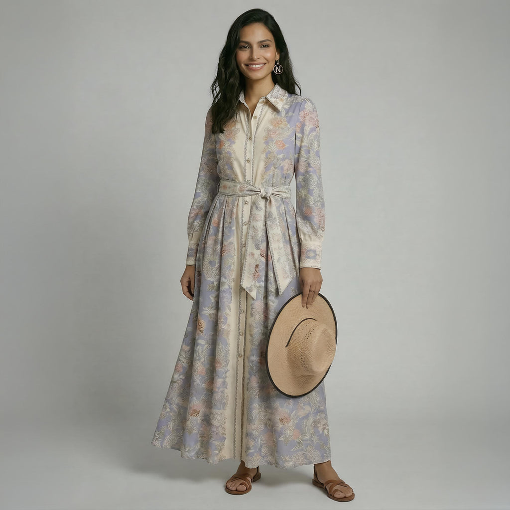 Vestido Maxi Bicolor Lavanda Floral | Azul lavanda con crema