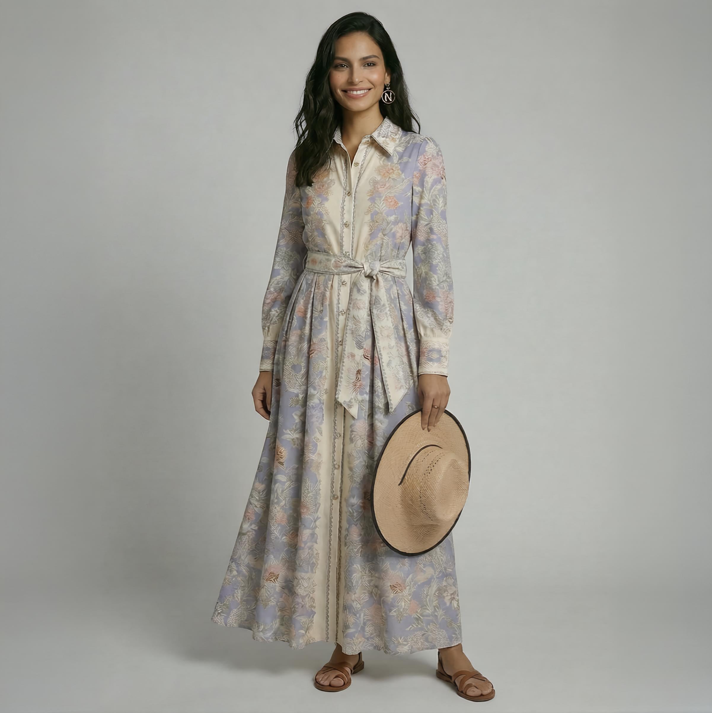 Vestido Maxi Bicolor Lavanda Floral | Azul lavanda con crema