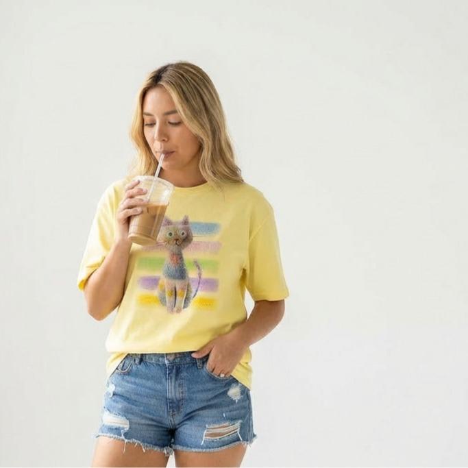 Playera Gráfica Gato Pop Art | Amarillo · Rosa