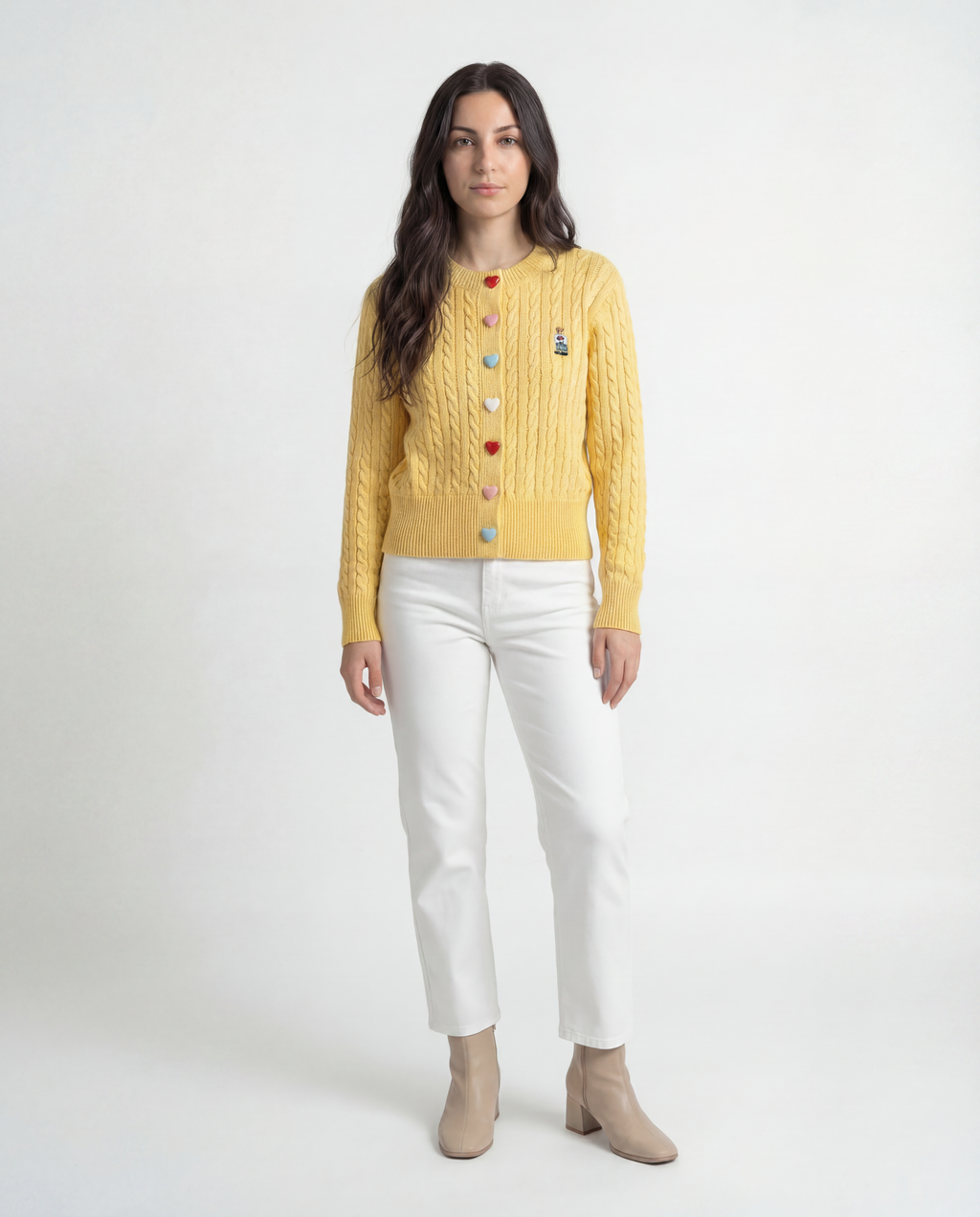 Cardigan Tejido Cable Botones Corazón Amarillo - nn.studio Style C2809
