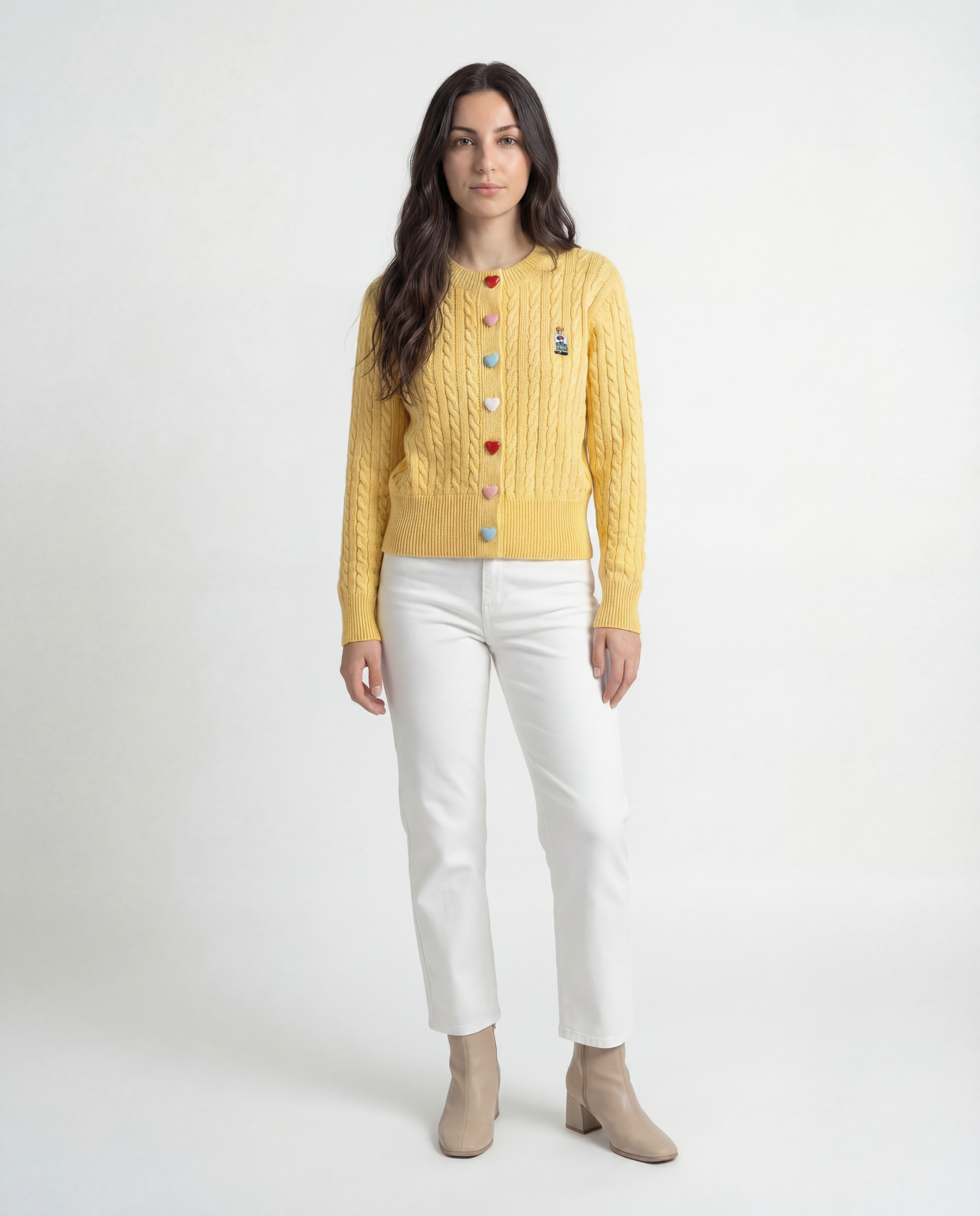Cardigan Tejido Cable Botones Corazón Amarillo - nn.studio Style C2809