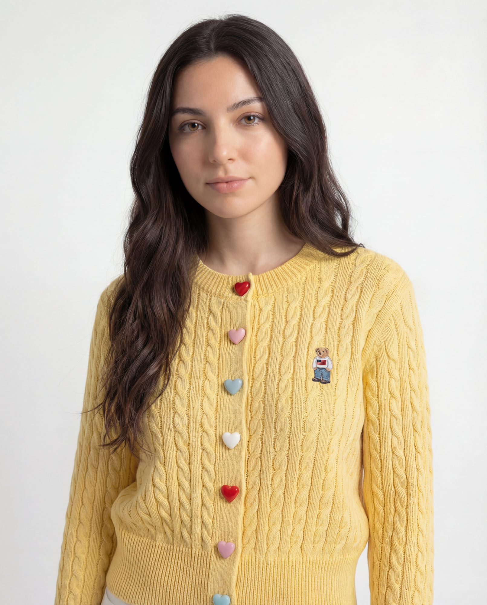 Cardigan Tejido Cable Botones Corazón Amarillo - nn.studio Style C2809