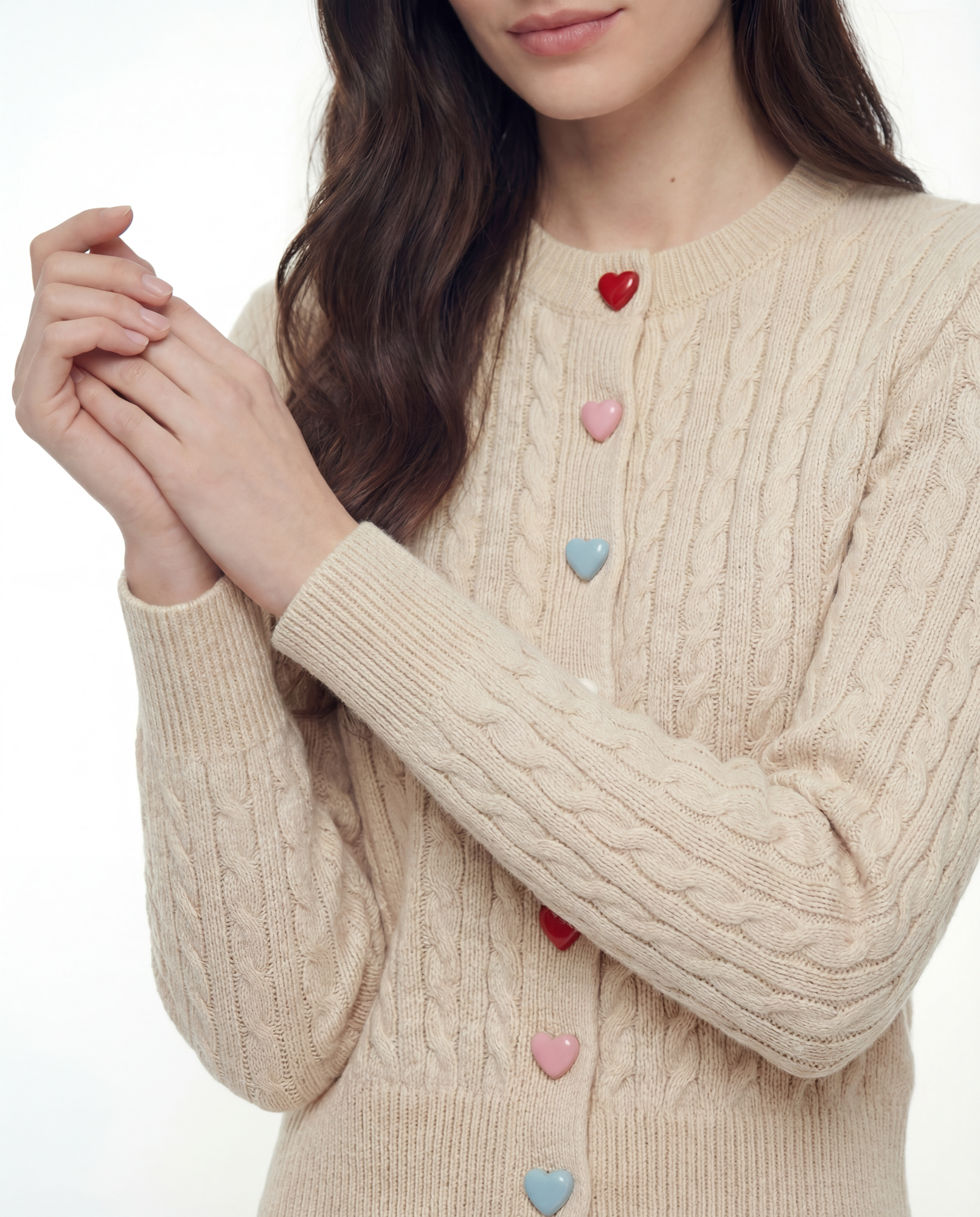 Cardigan Tejido Cable Botones Corazón Marfil - nn.studio Style C2809