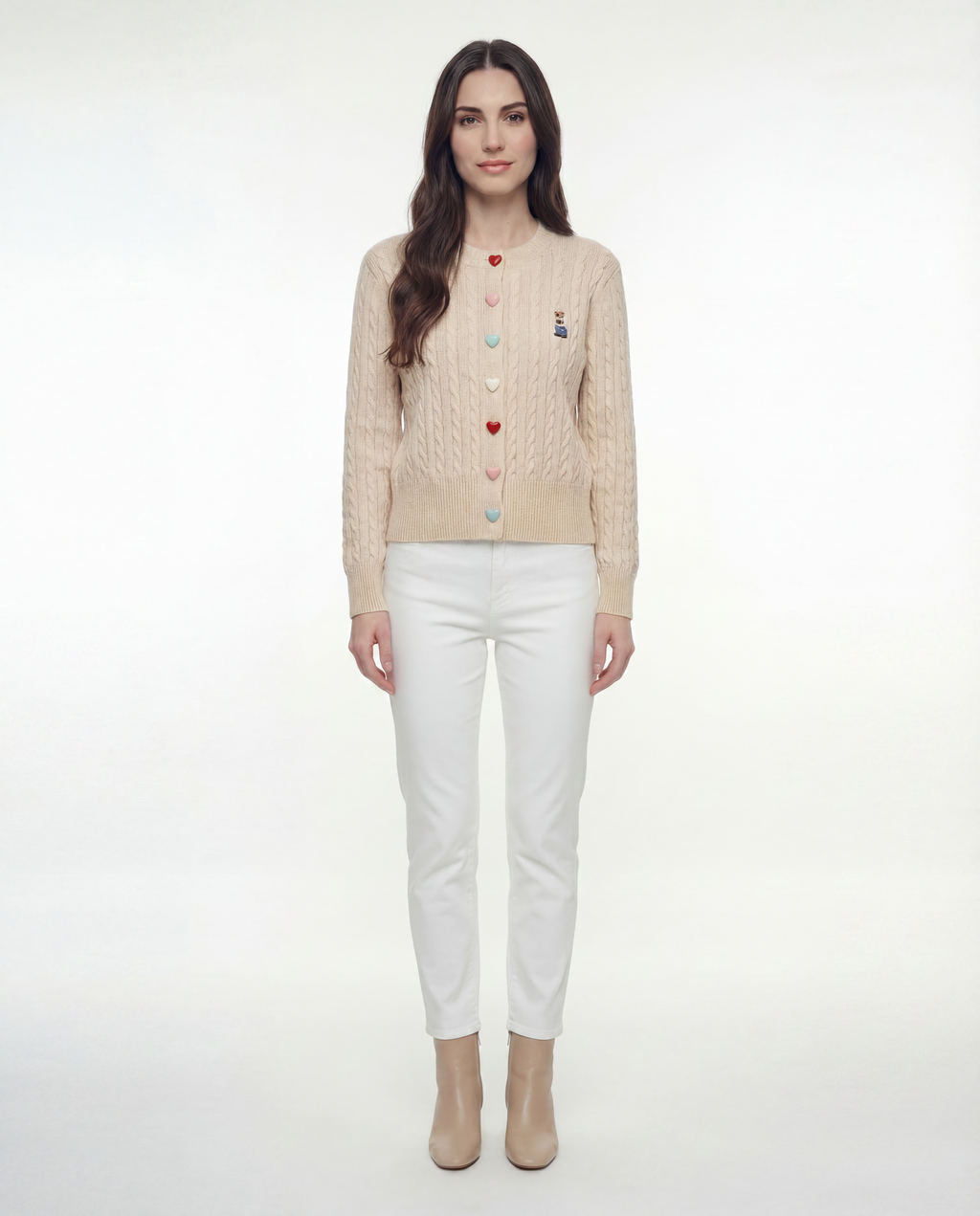 Cardigan Tejido Cable Botones Corazón Marfil - nn.studio Style C2809