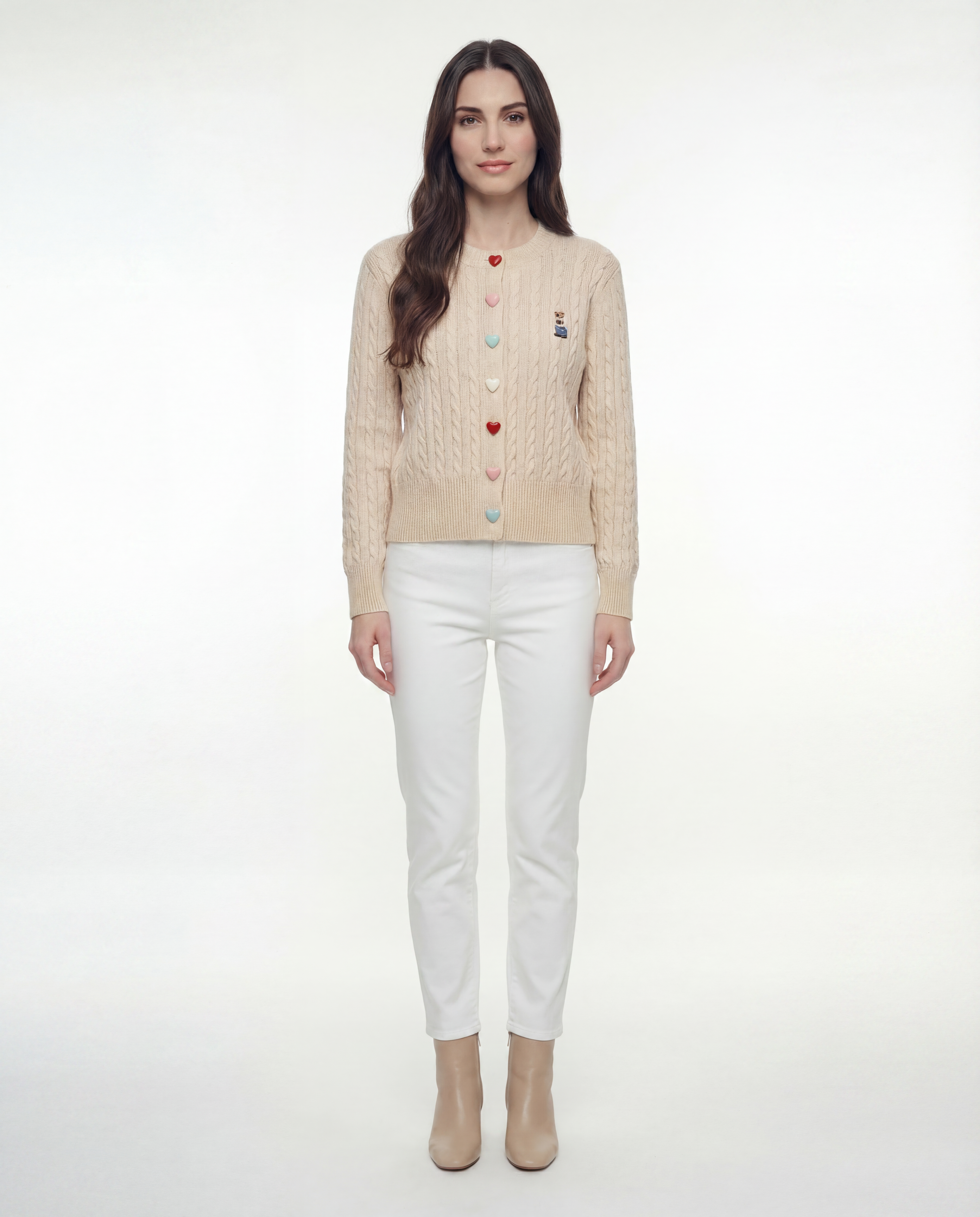 Cardigan Tejido Cable Botones Corazón Marfil - nn.studio Style C2809