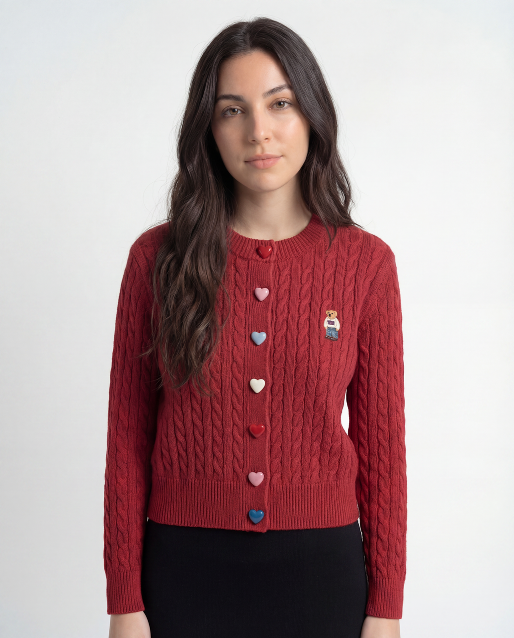 Cardigan Tejido Cable Botones Corazón Rojo - nn.studio Style C2809