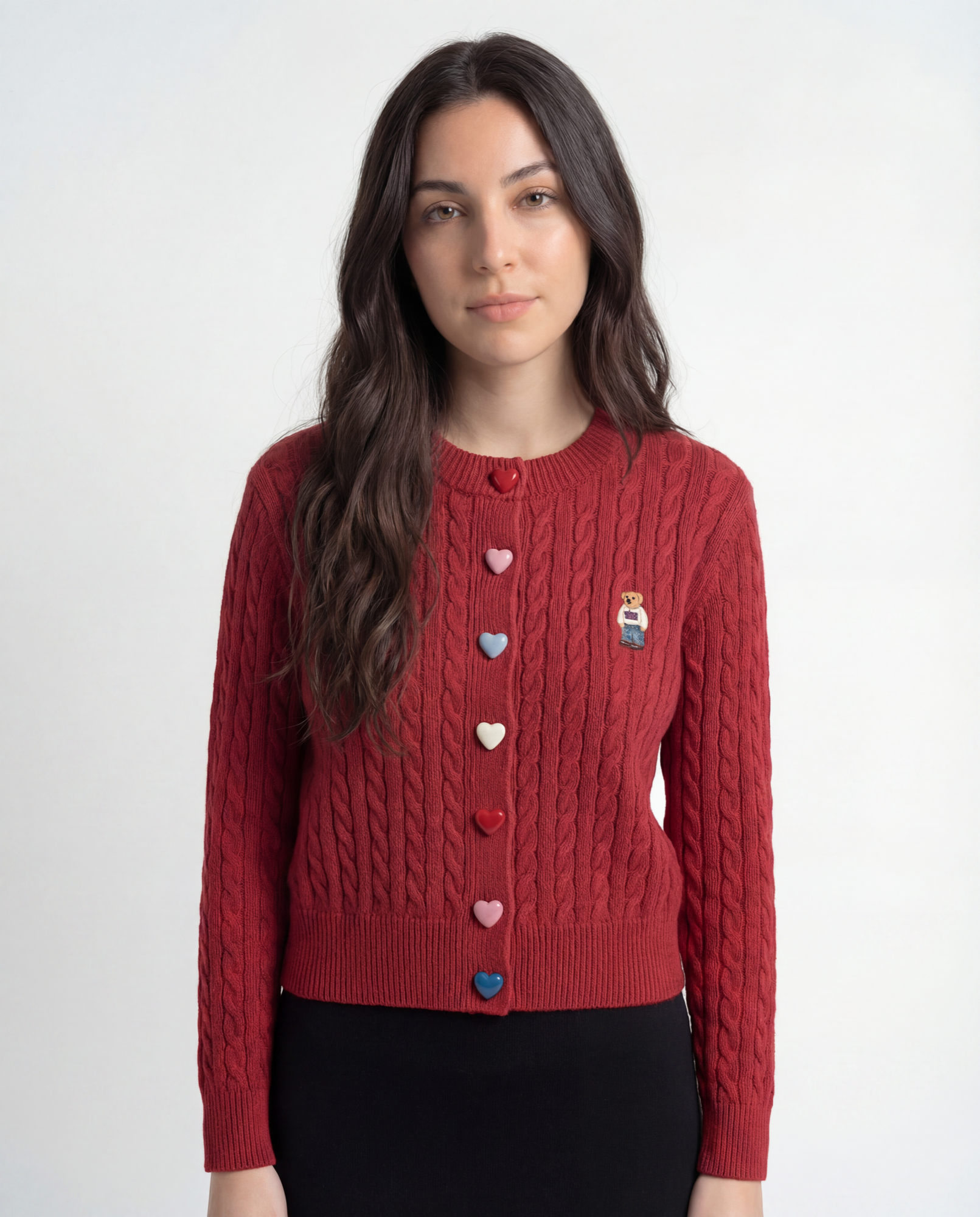 Cardigan Tejido Cable Botones Corazón Rojo - nn.studio Style C2809