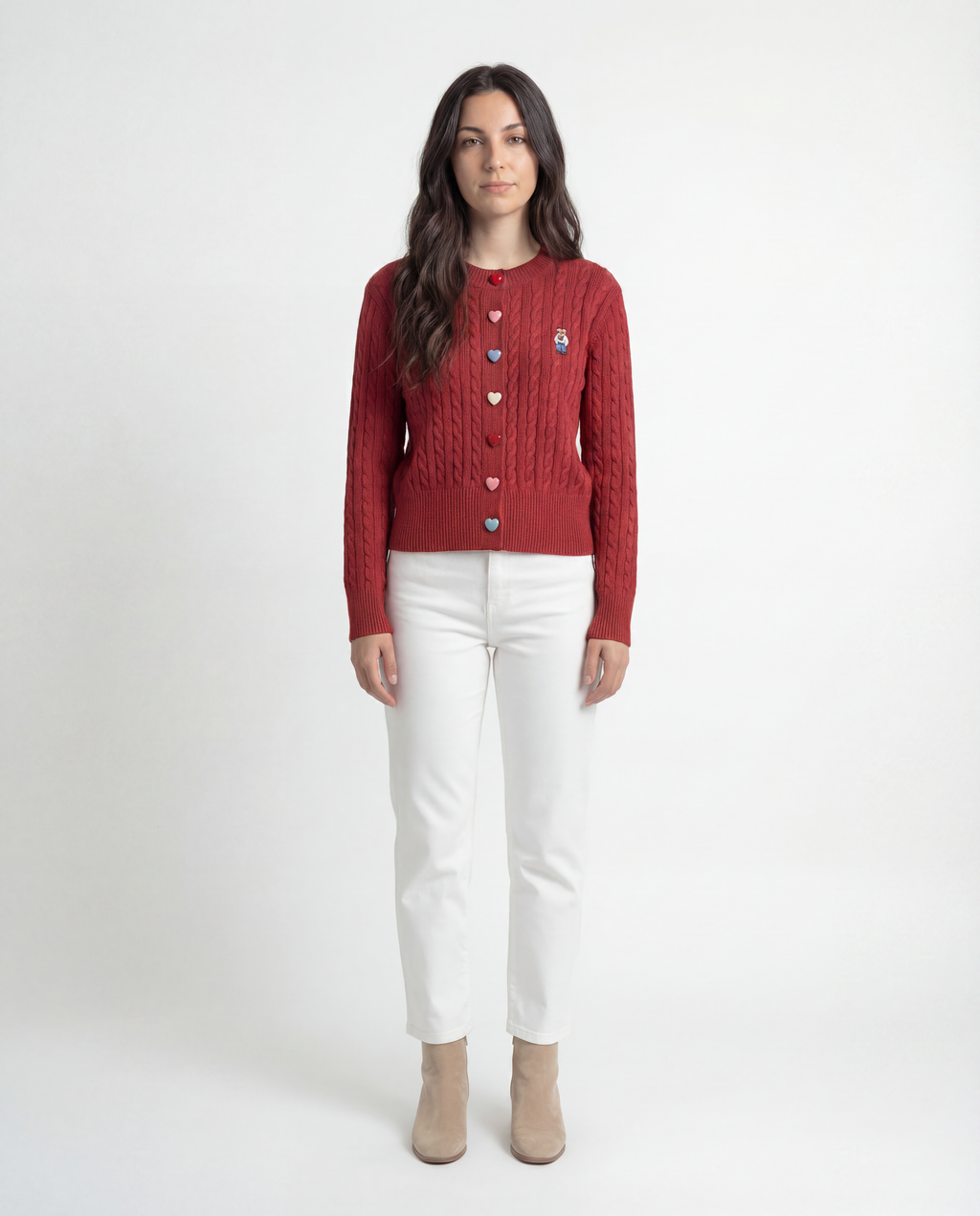 Cardigan Tejido Cable Botones Corazón Rojo - nn.studio Style C2809