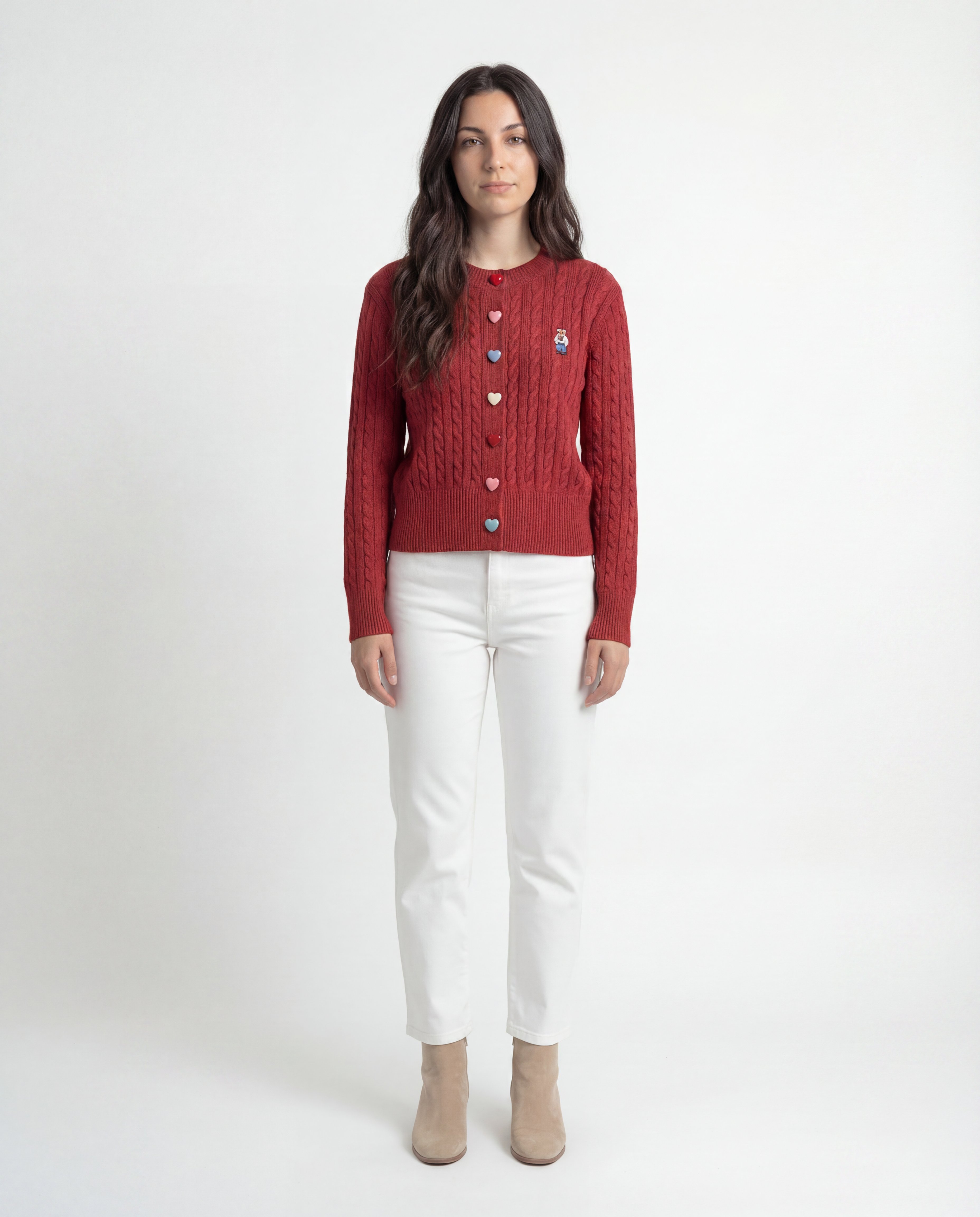 Cardigan Tejido Cable Botones Corazón Rojo - nn.studio Style C2809