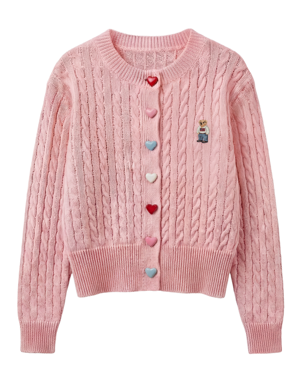 Cardigan Tejido Cable Botones Corazón Rosa - nn.studio Style C2809