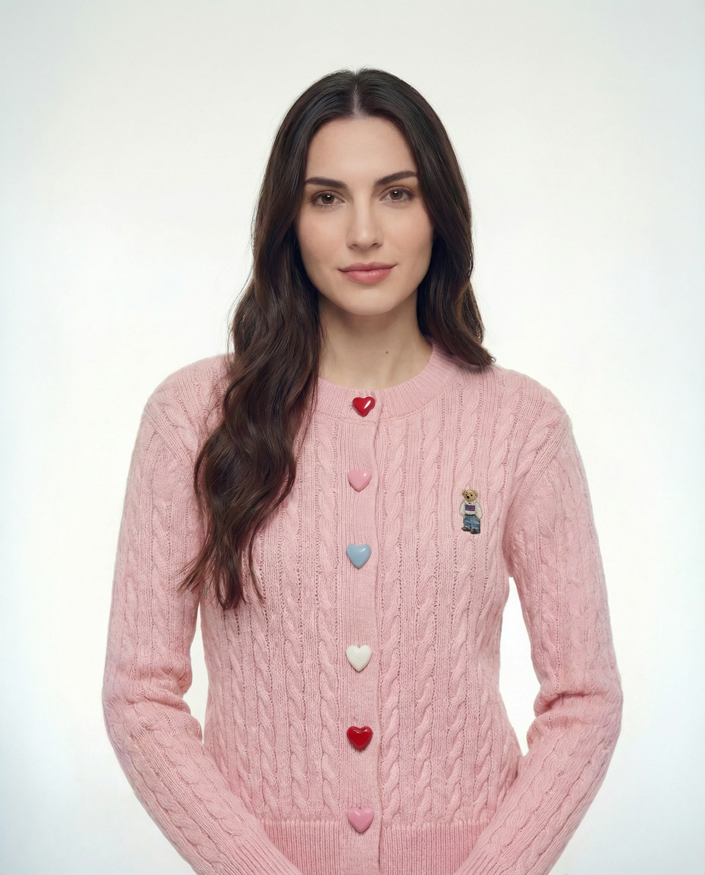Cardigan Tejido Cable Botones Corazón Rosa - nn.studio Style C2809