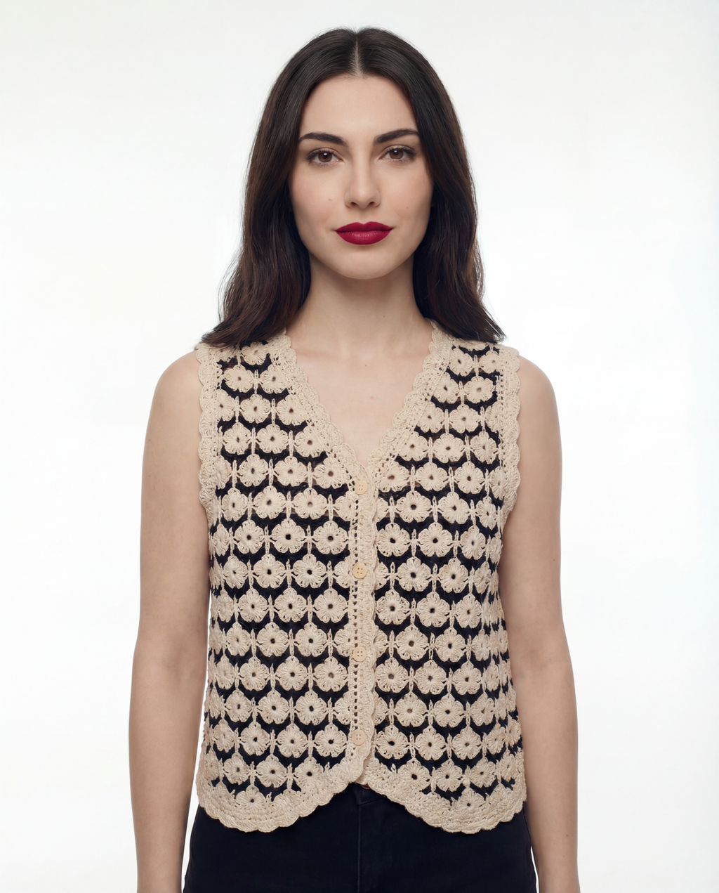 Chaleco Crochet Floral Escote V Negro - nn.studio Style 0004
