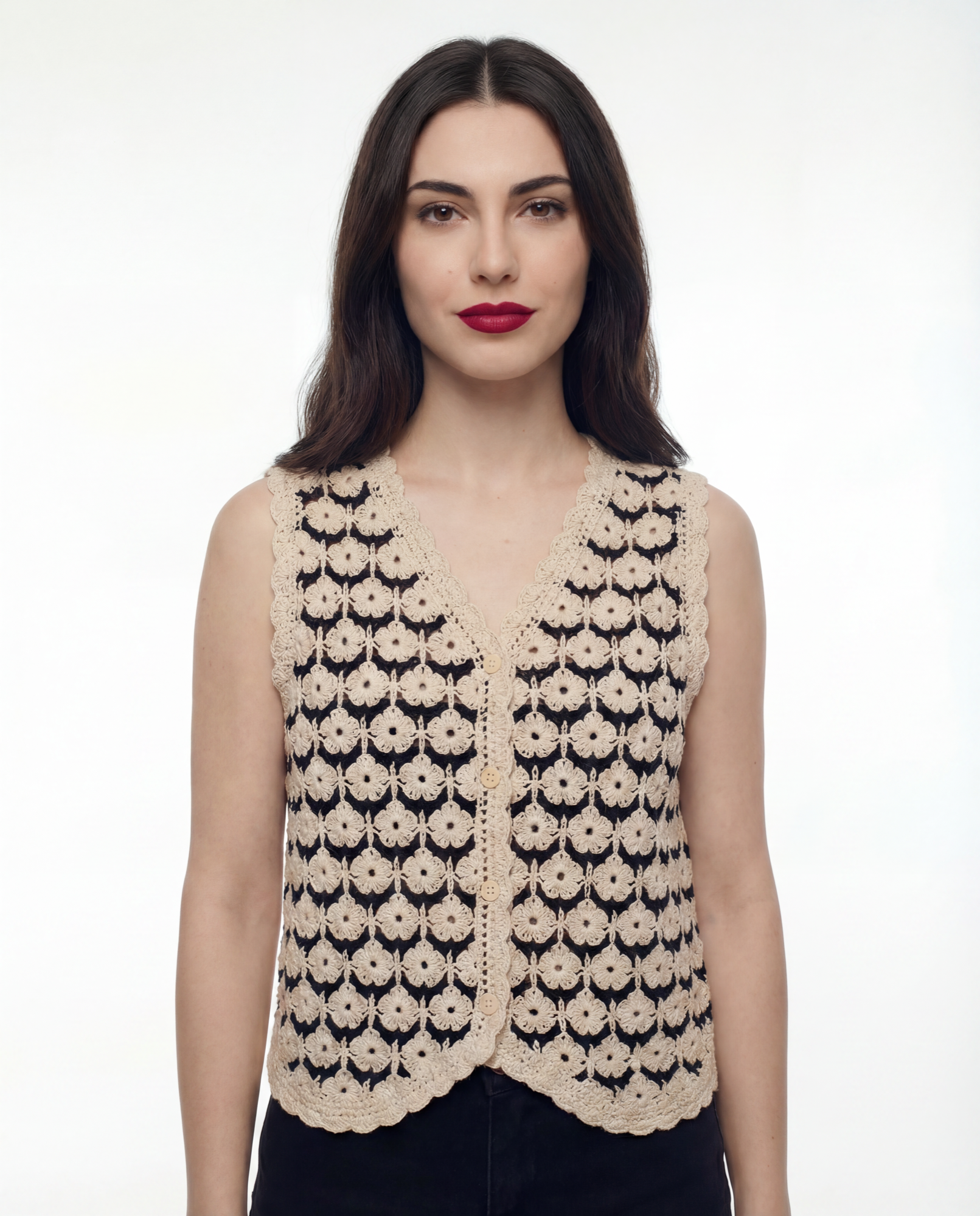 Chaleco Crochet Floral Escote V Negro - nn.studio Style 0004