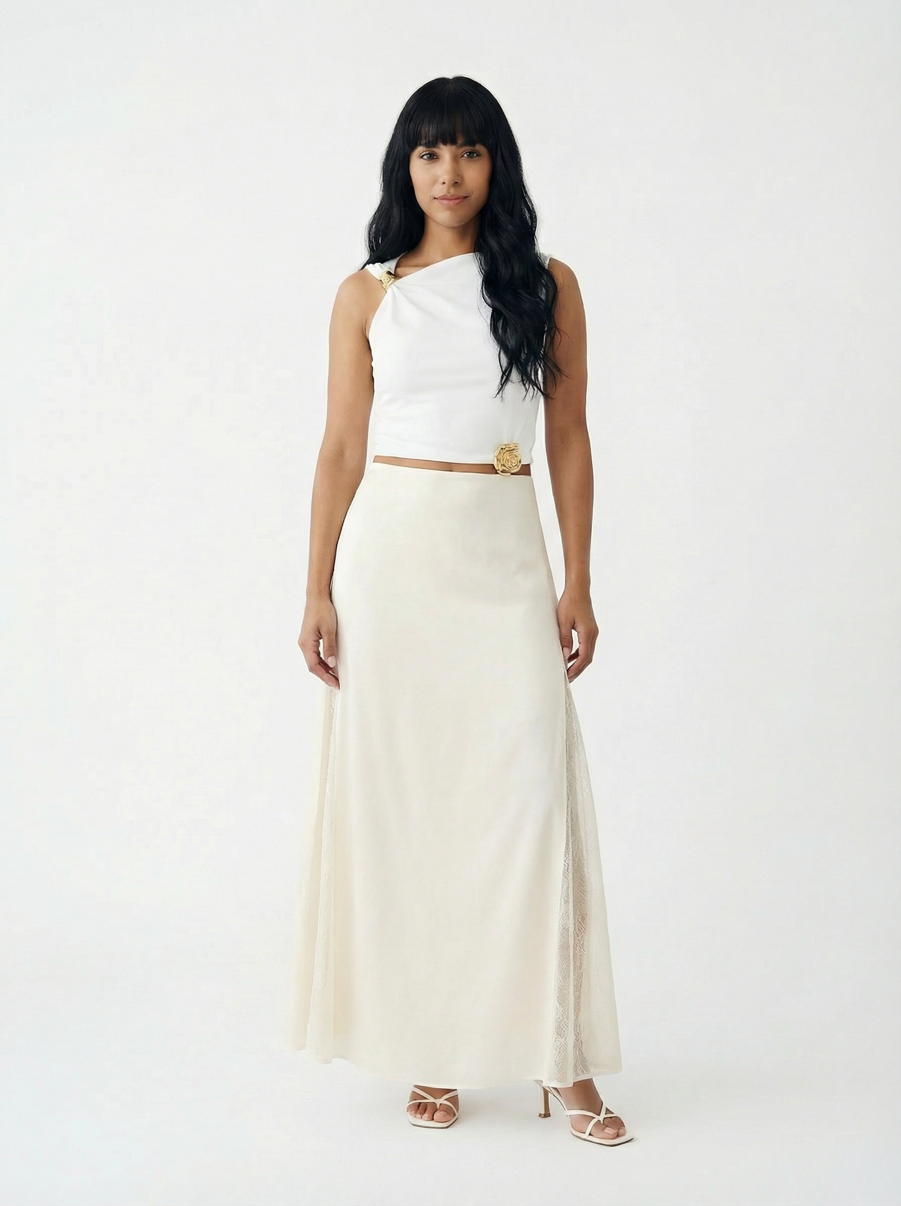 Falda Larga de Satén Fluida Ivory - nn.studio Style N819