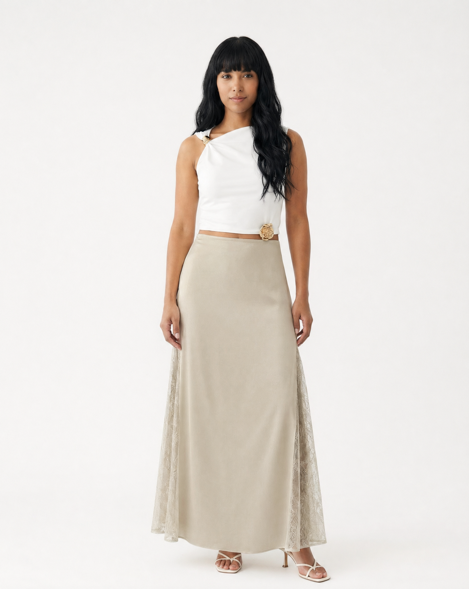 Falda Larga de Satén Fluida Khaki - nn.studio Style N819