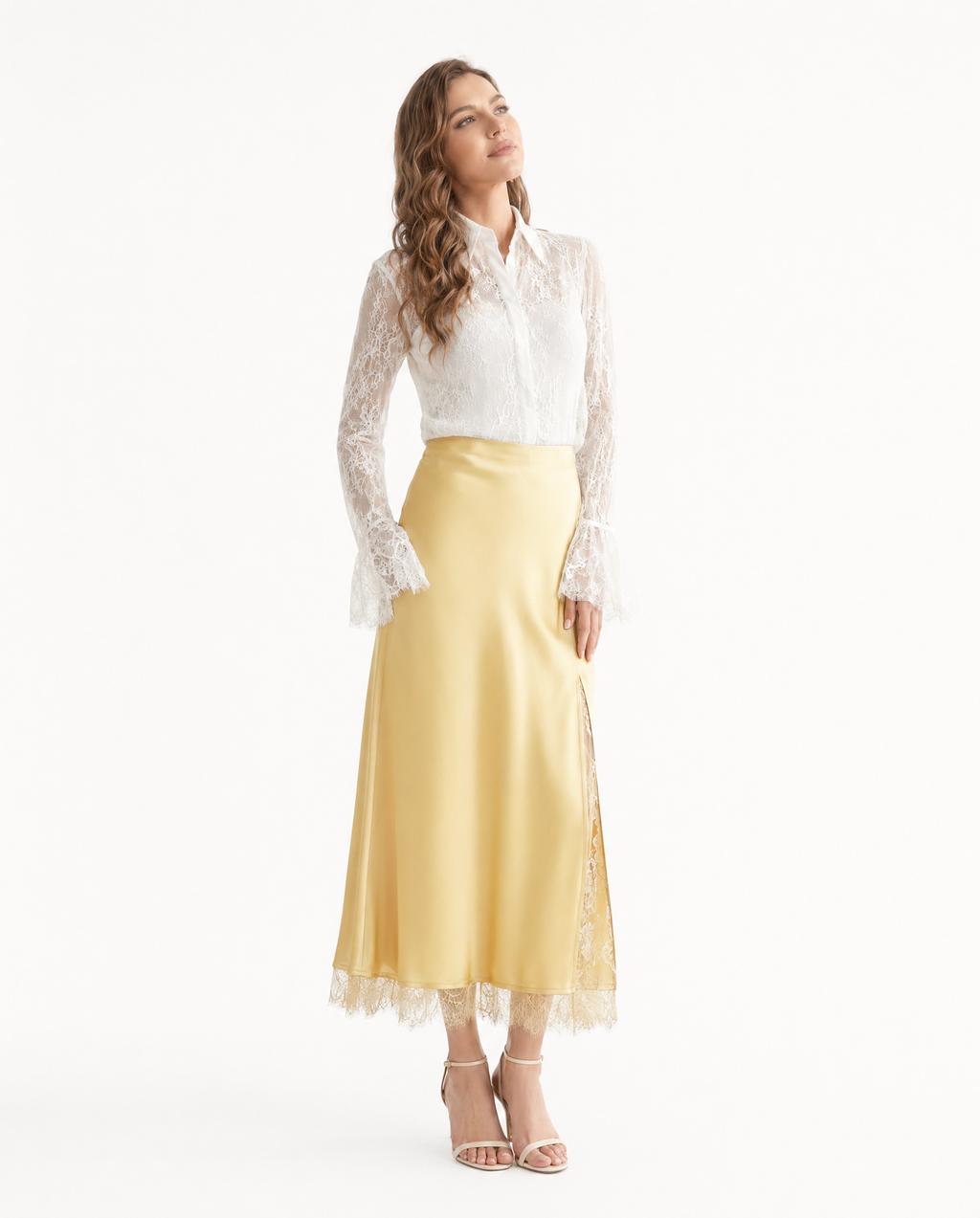 Falda Midi Satén con Abertura y Encaje | Beige · Negro · Mocha · Amarillo · Rosa