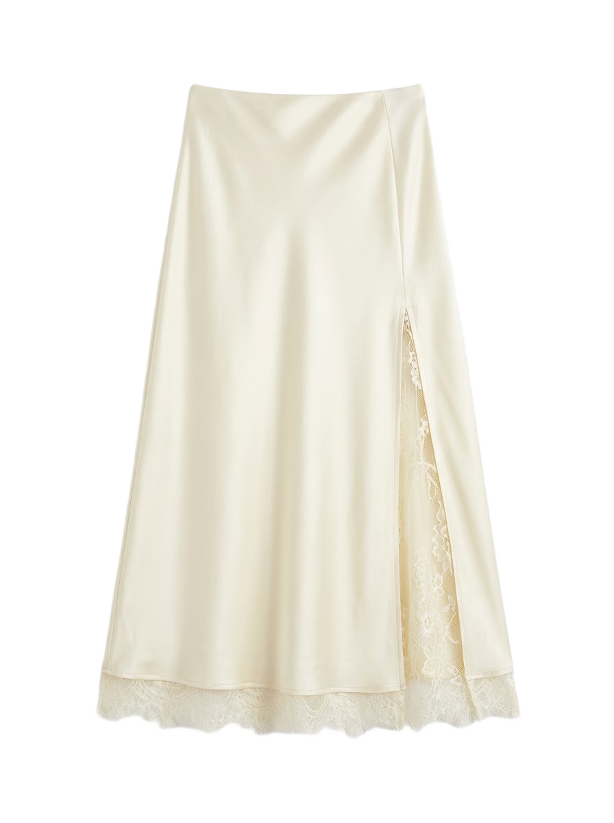 Falda Midi Satén con Abertura y Encaje Ivory - nn.studio Style N837