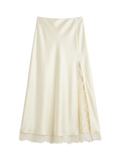 Falda Midi Satén con Abertura y Encaje Ivory - nn.studio Style N837